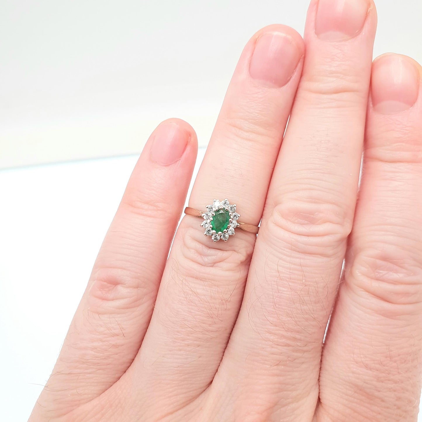 Vintage 9k Gold Emerald Ring Cluster CZ Cubic Zirconia Solid 9ct 375 Hallmarked Estate Fine Jewelry Jewellery Womans Retro Genuine Real