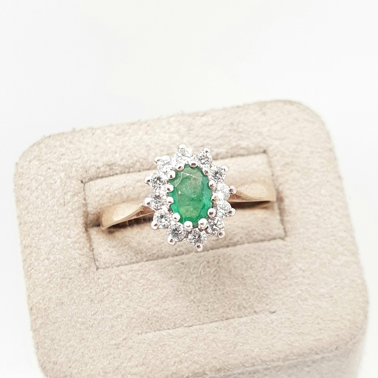 Vintage 9k Gold Emerald Ring Cluster CZ Cubic Zirconia Solid 9ct 375 Hallmarked Estate Fine Jewelry Jewellery Womans Retro Genuine Real