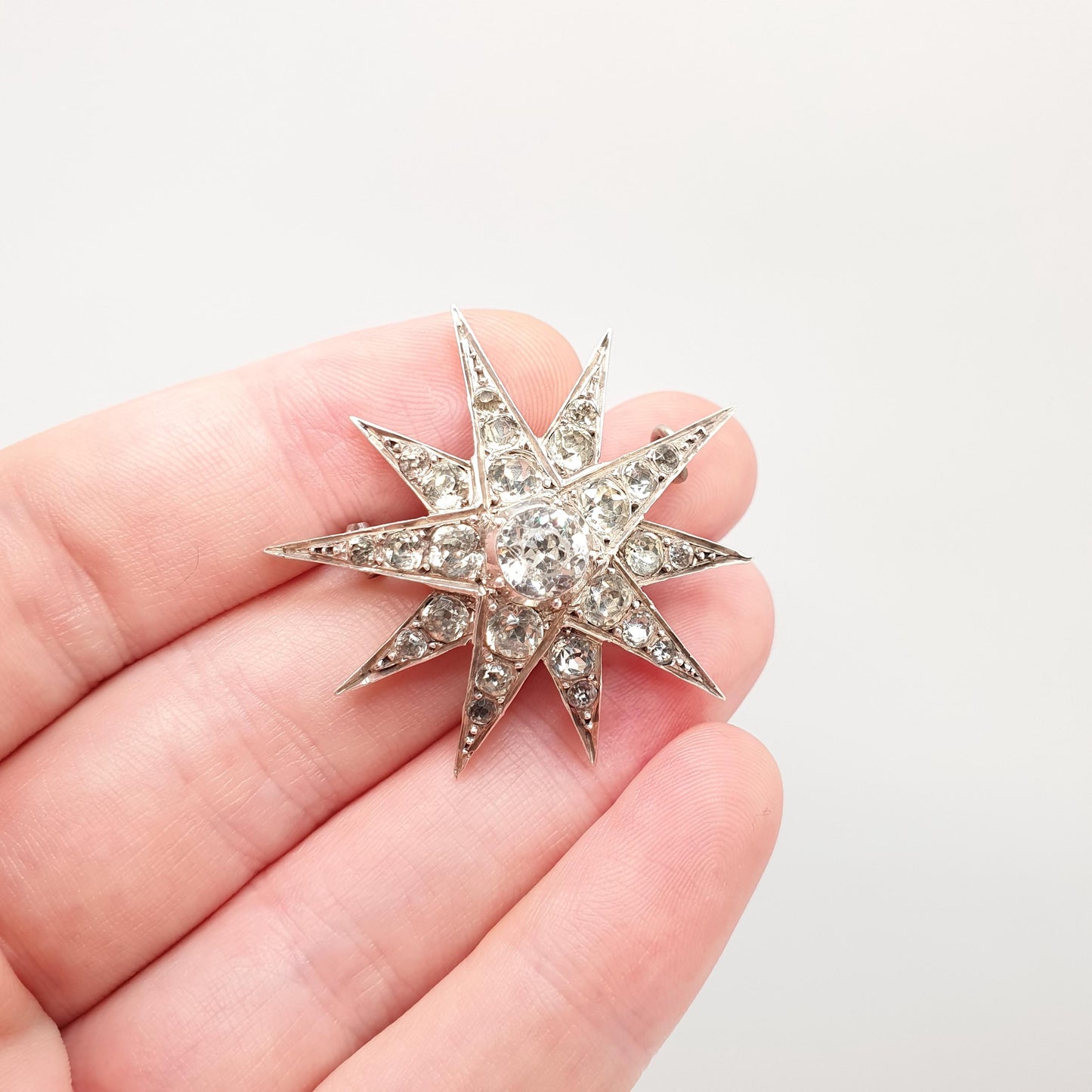 Antique Victorian Star Solid Silver Brooch Diamond Paste Old Cut Large Big Foiled Sparkly Starry Celestial Womens Jewelry Jewellery Vintage