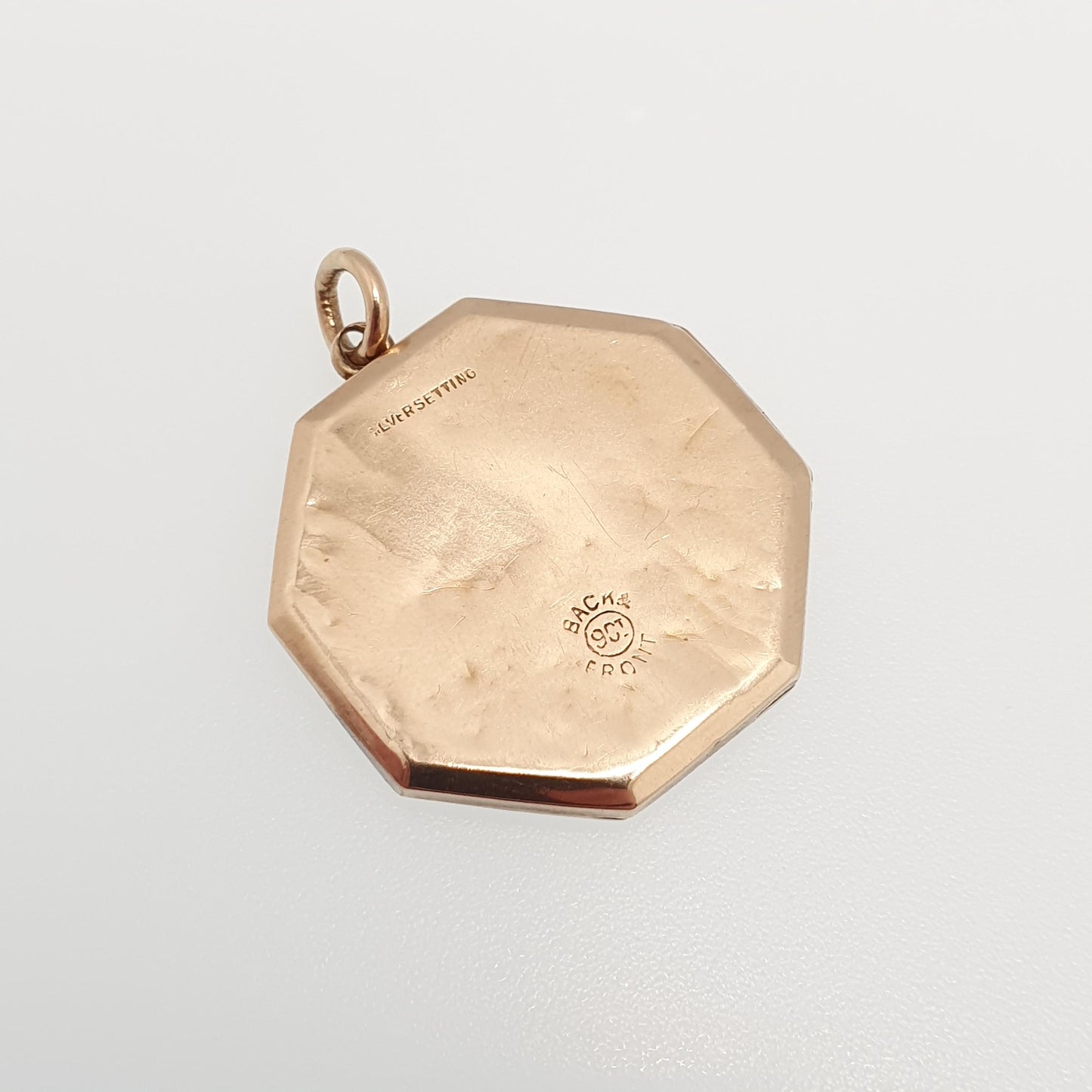 Antique 9ct 9k Gold Bird Locket Ruby Diamond Paste Large Octagonal Sterling Silver & Solid 375 Pendant Back Front Vintage Jewelry Jewellery