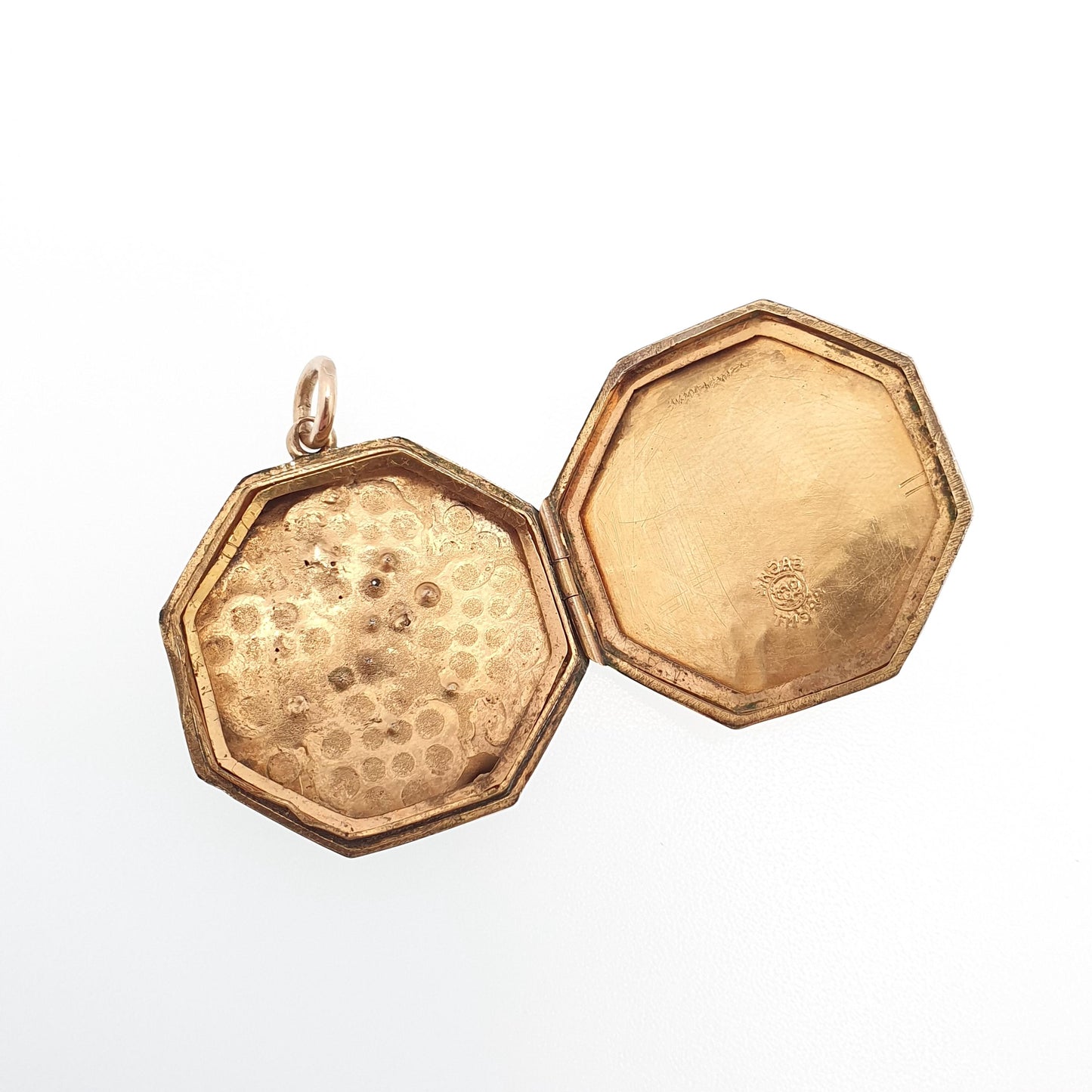 Antique 9ct 9k Gold Bird Locket Ruby Diamond Paste Large Octagonal Sterling Silver & Solid 375 Pendant Back Front Vintage Jewelry Jewellery