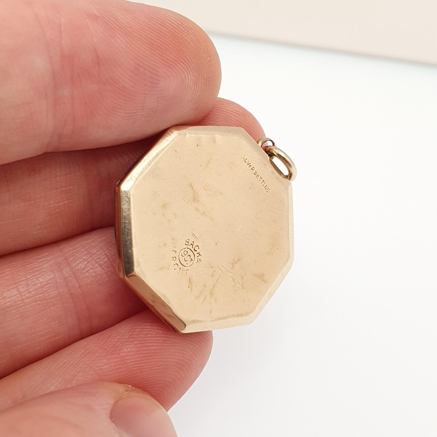 Antique 9ct 9k Gold Bird Locket Ruby Diamond Paste Large Octagonal Sterling Silver & Solid 375 Pendant Back Front Vintage Jewelry Jewellery