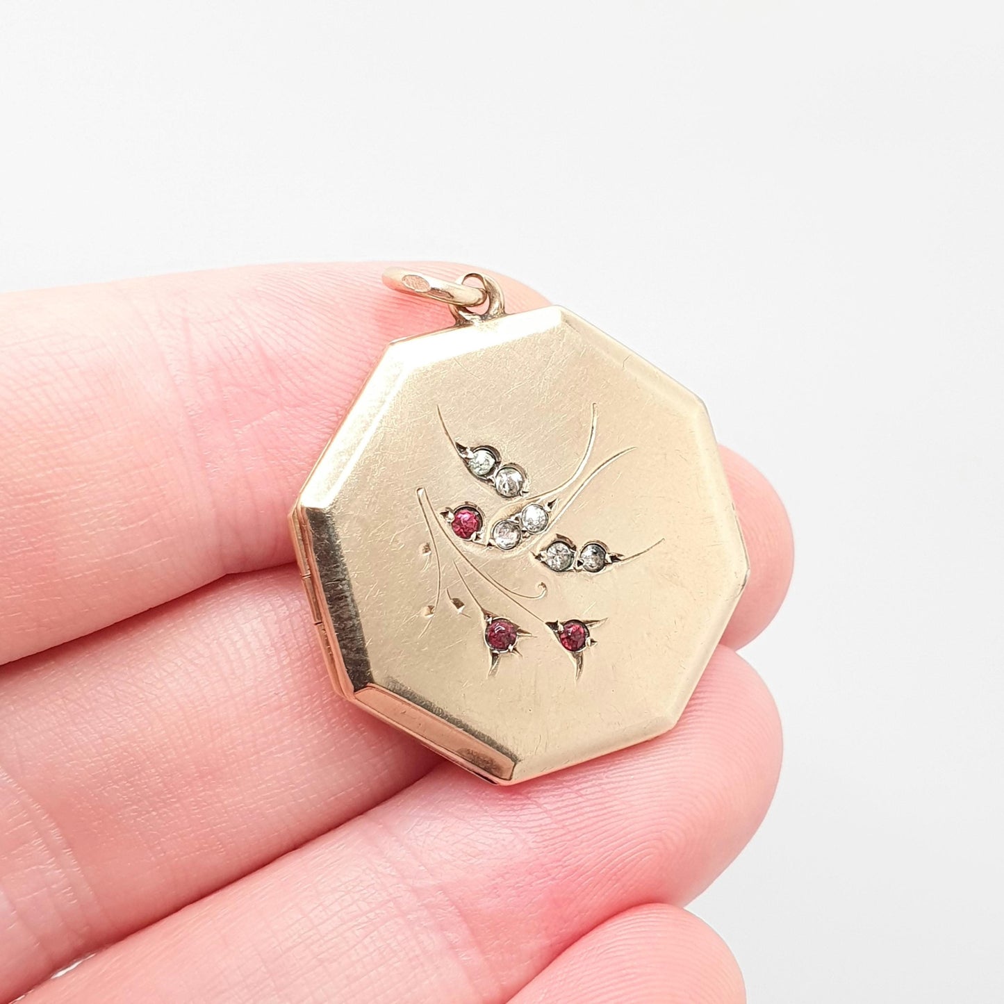 Antique 9ct 9k Gold Bird Locket Ruby Diamond Paste Large Octagonal Sterling Silver & Solid 375 Pendant Back Front Vintage Jewelry Jewellery