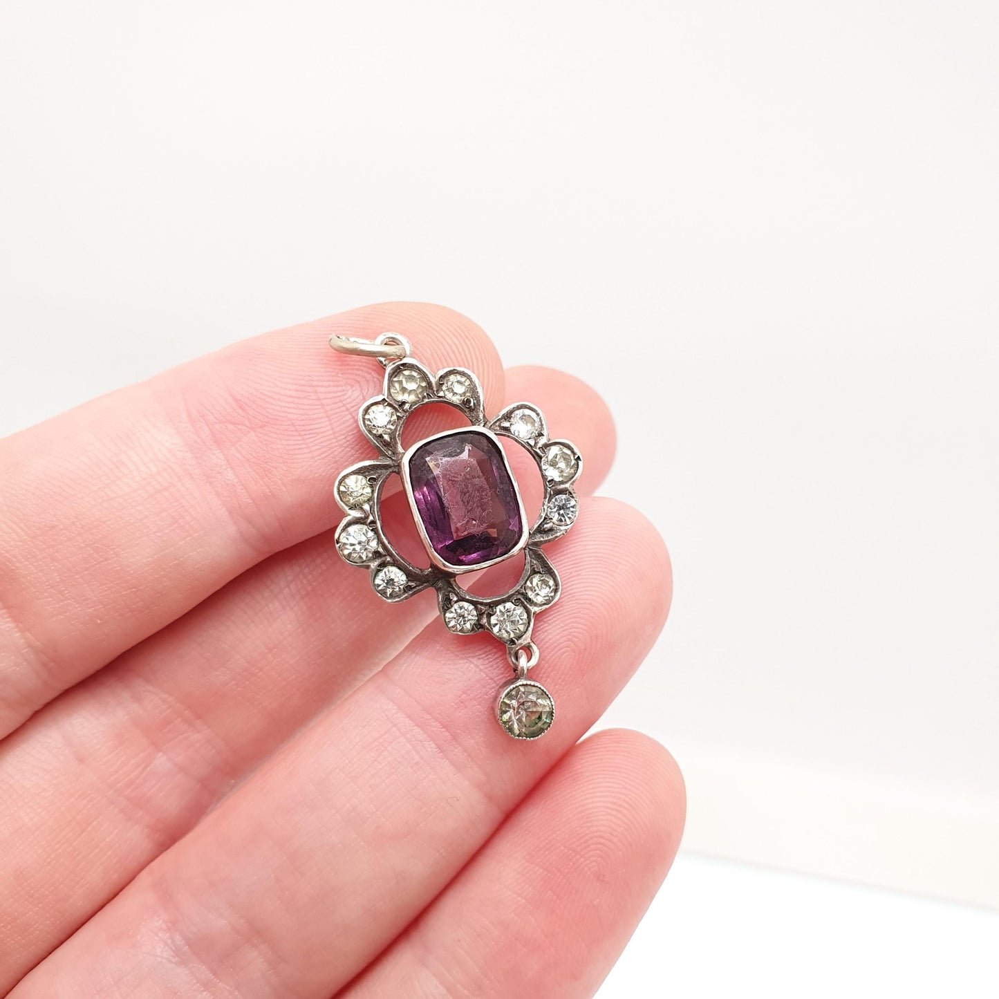 Antique Solid Silver Amethyst & Diamond Paste Pendant Necklace Foiled Pastes Cluster Edwardian Rare Vintage Womens Jewellery Jewelry