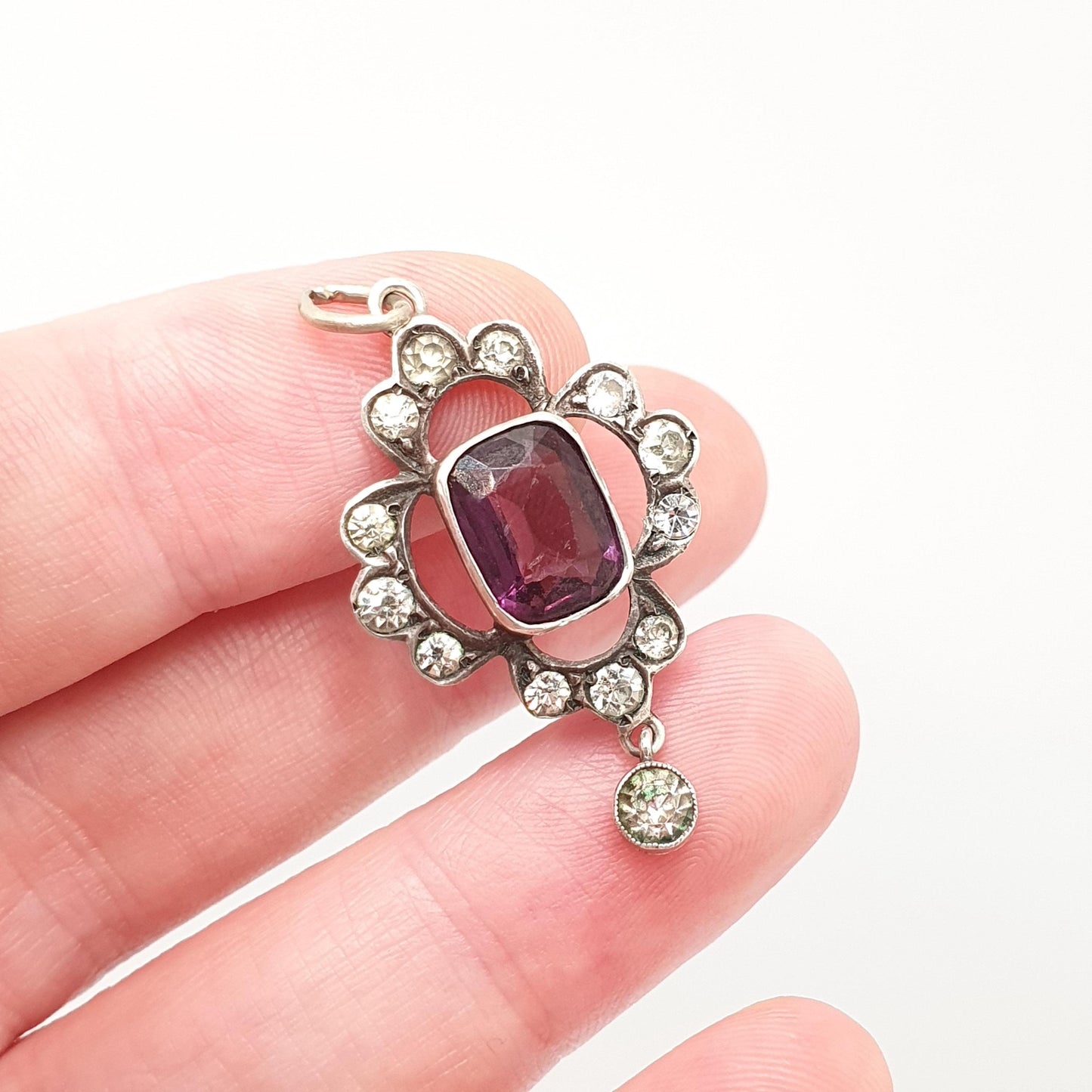 Antique Solid Silver Amethyst & Diamond Paste Pendant Necklace Foiled Pastes Cluster Edwardian Rare Vintage Womens Jewellery Jewelry