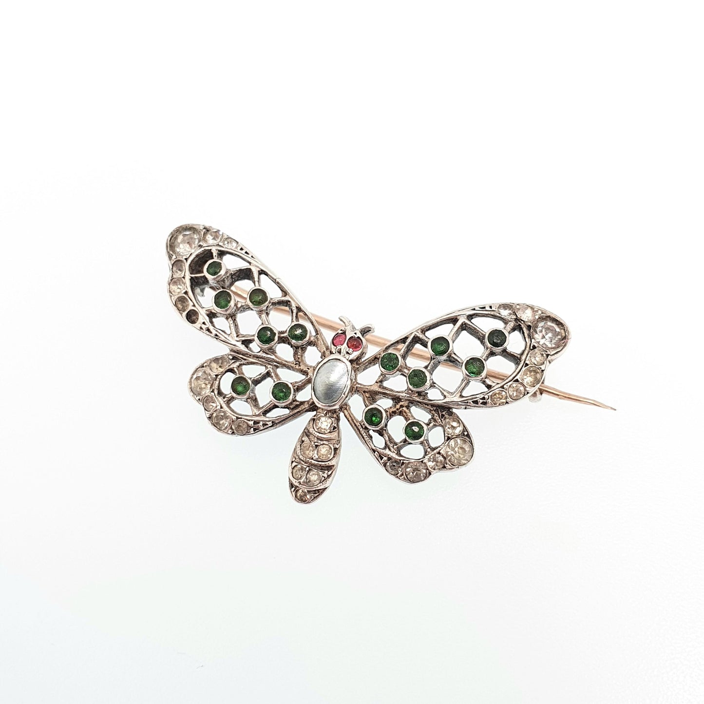 Antique Emerald Paste Butterfly Brooch Sterling Silver Ruby Pastes Eye Large Insect Bug Rare Handmade Unique 935 Vintage Jewellery Jewelry