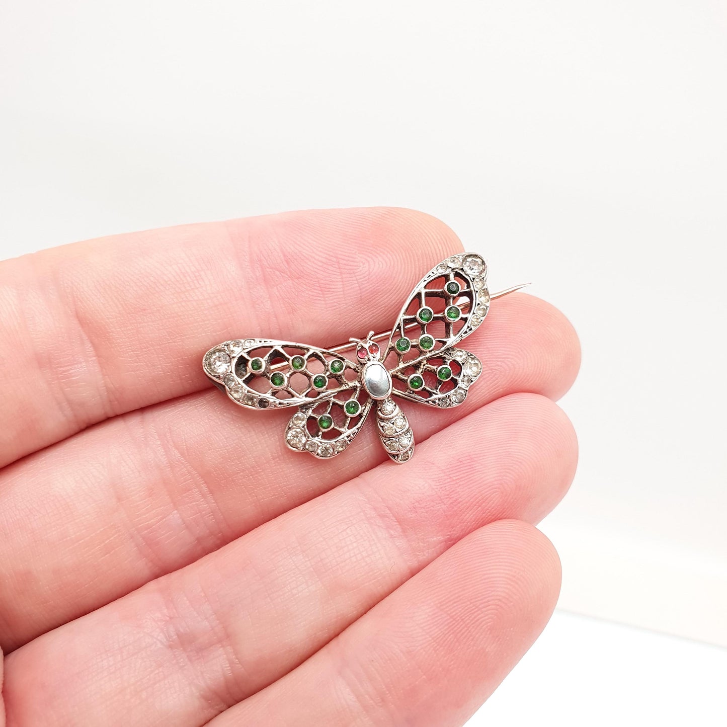 Antique Emerald Paste Butterfly Brooch Sterling Silver Ruby Pastes Eye Large Insect Bug Rare Handmade Unique 935 Vintage Jewellery Jewelry