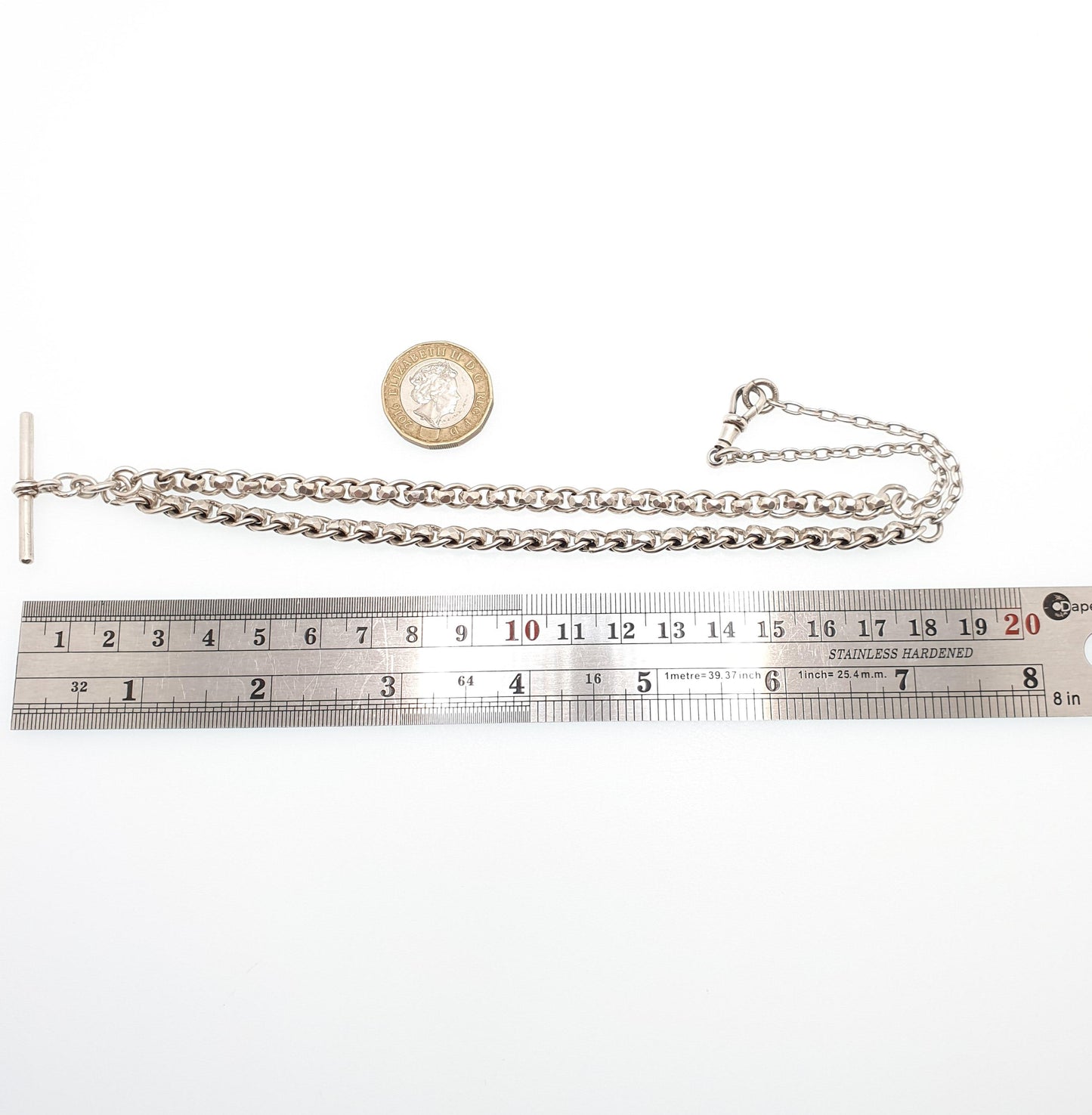 Antique Sterling Silver T Bar Albert Chain Necklace Faceted Rotating Belcher & Curb Links Dog Clip Hallmarked 30.17g 48cm Long Old Vintage