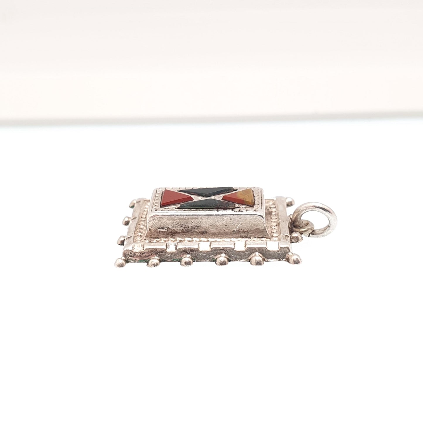 Antique Victorian Sterling Silver Scottish Pendant Necklace Bloodstone Agate Red Jasper Rectangular Cross 1800s Vintage Jewelry Jewellery