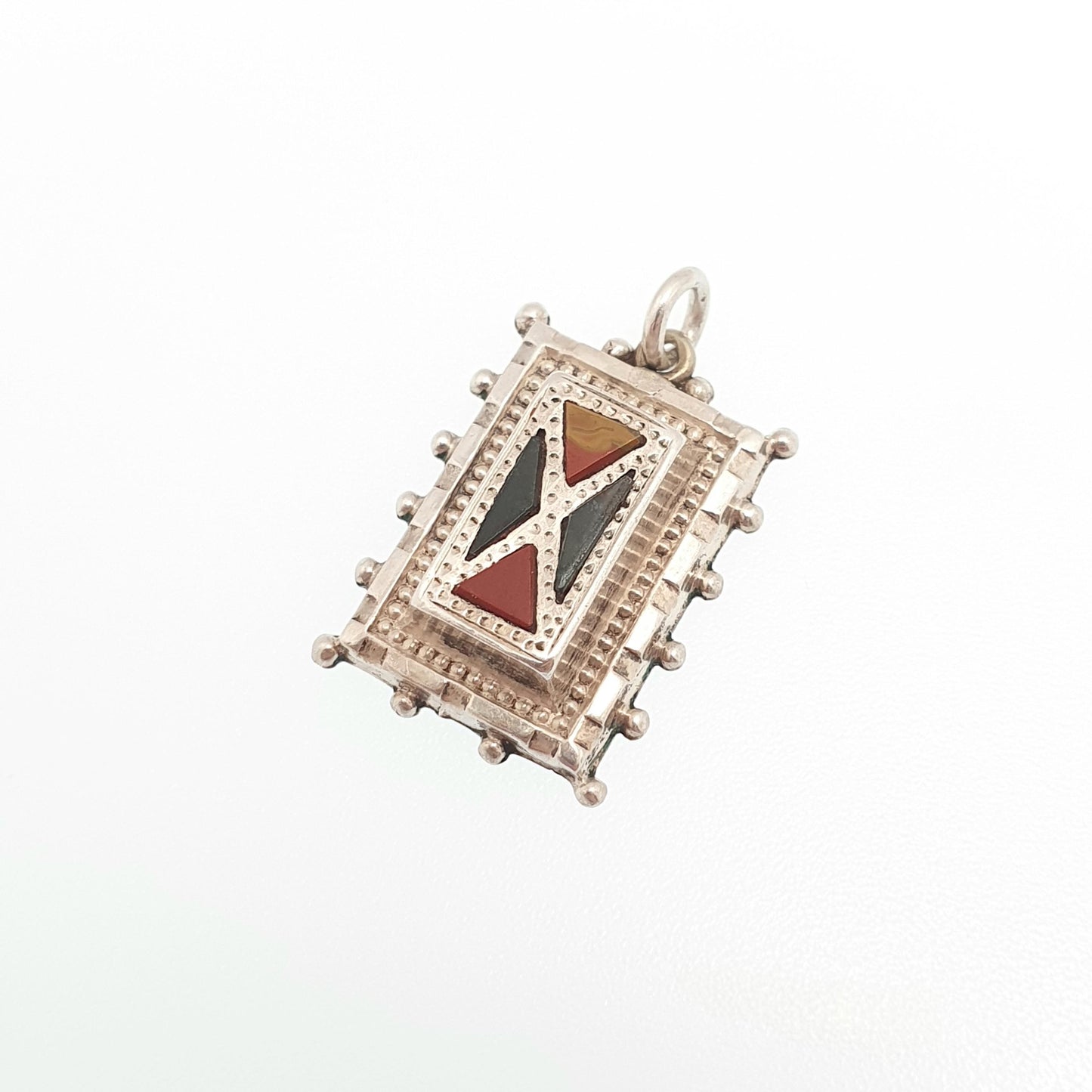 Antique Victorian Sterling Silver Scottish Pendant Necklace Bloodstone Agate Red Jasper Rectangular Cross 1800s Vintage Jewelry Jewellery