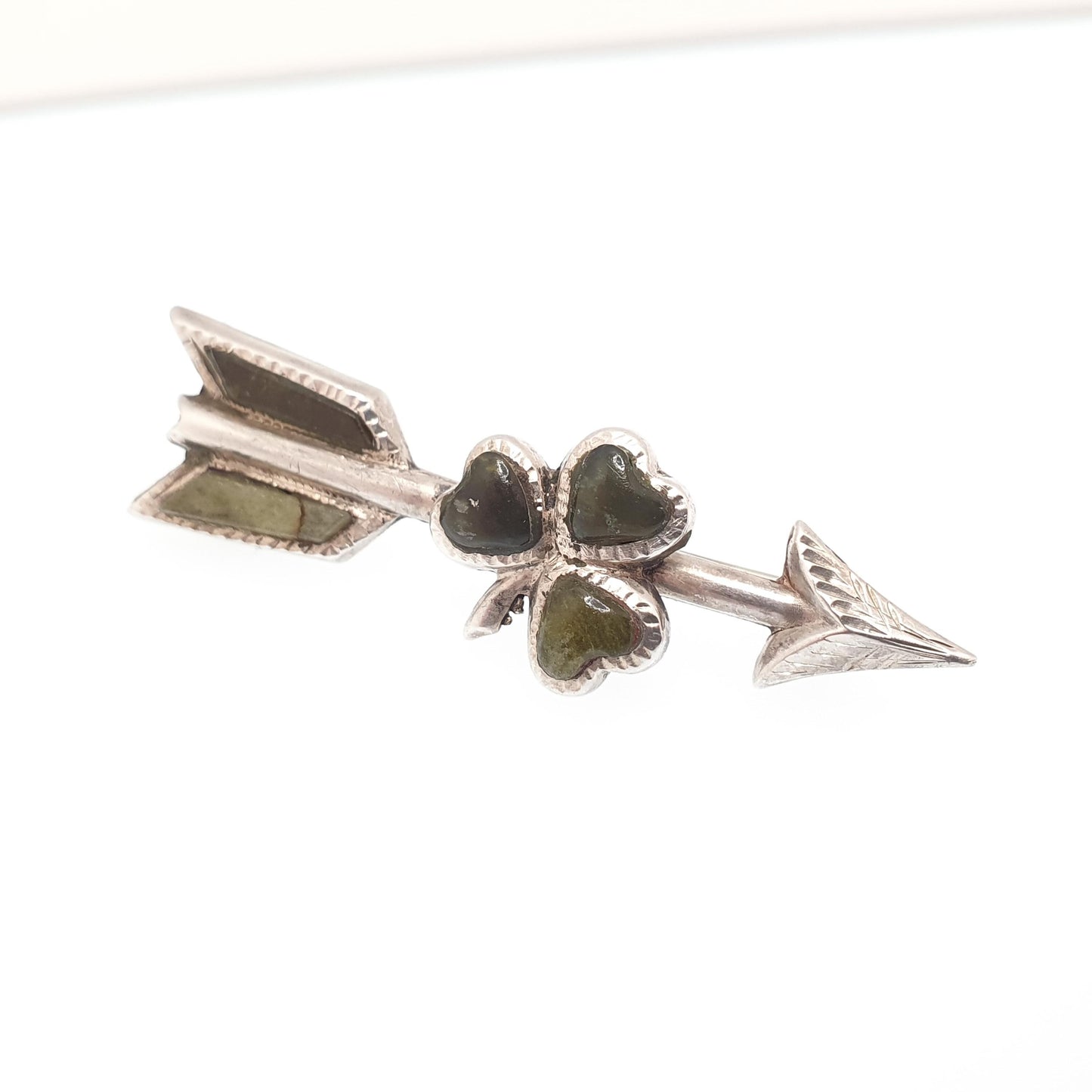 Antique Victorian Solid Silver Arrow Brooch Connemara Marble Clover Pin Irish Love Cupid Genuine Lucky 1800s Gift Vintage Jewellery Jewelry