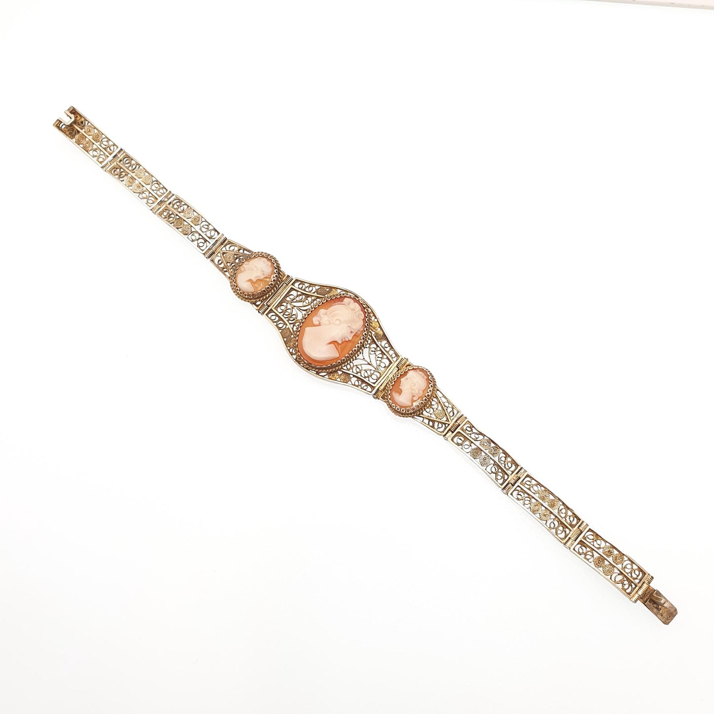 Old Vintage Solid Silver Cameo Bracelet Filigree 800 Handmade Italian 1950s Gold Gilded Shell Hand Carved Artisan Womens Jewelry Jewellery