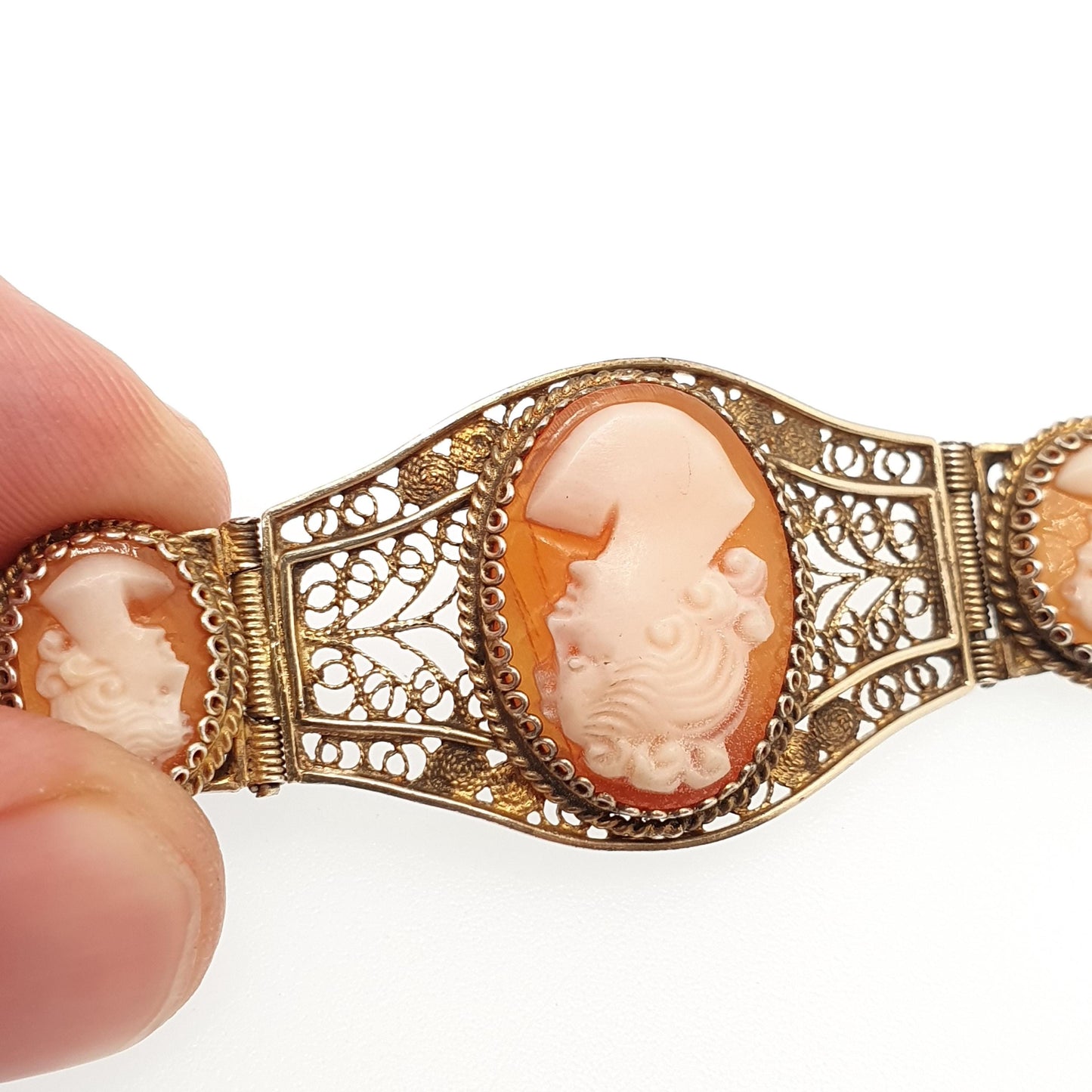 Old Vintage Solid Silver Cameo Bracelet Filigree 800 Handmade Italian 1950s Gold Gilded Shell Hand Carved Artisan Womens Jewelry Jewellery