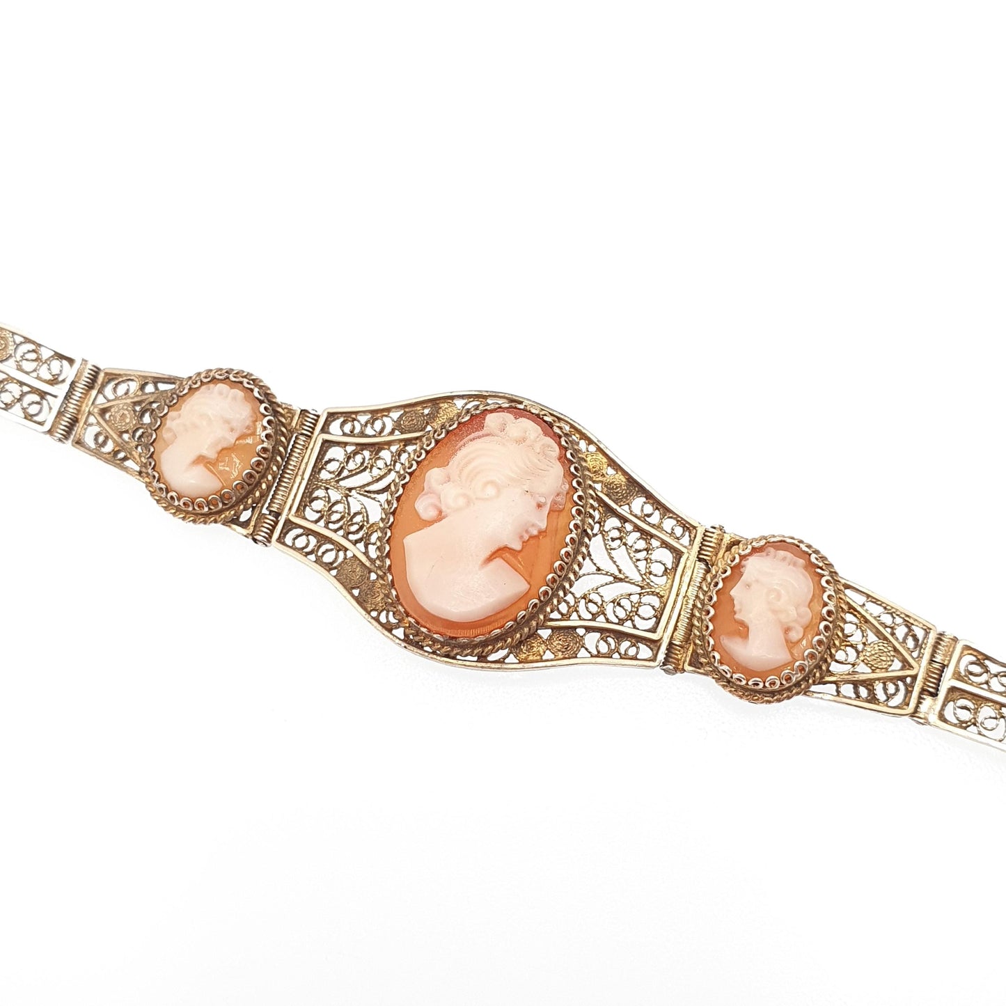 Old Vintage Solid Silver Cameo Bracelet Filigree 800 Handmade Italian 1950s Gold Gilded Shell Hand Carved Artisan Womens Jewelry Jewellery