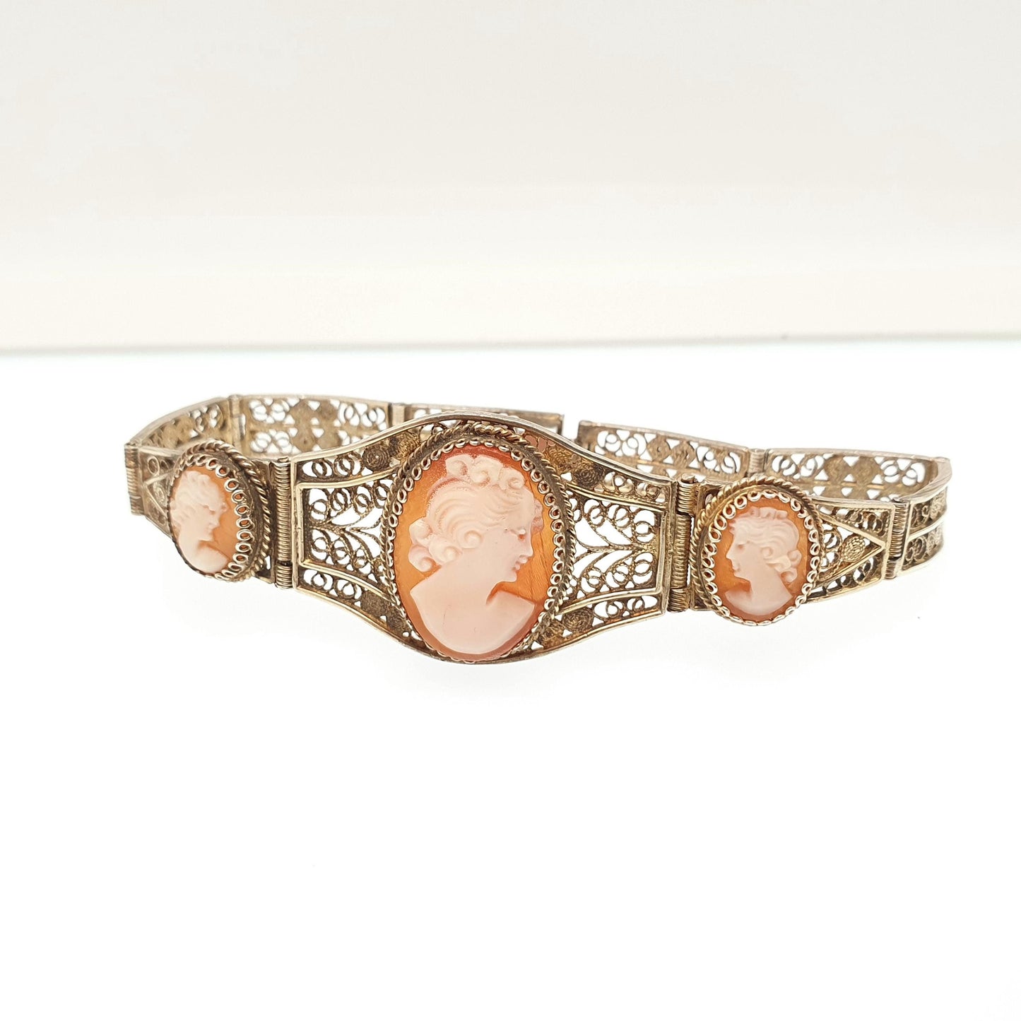 Old Vintage Solid Silver Cameo Bracelet Filigree 800 Handmade Italian 1950s Gold Gilded Shell Hand Carved Artisan Womens Jewelry Jewellery