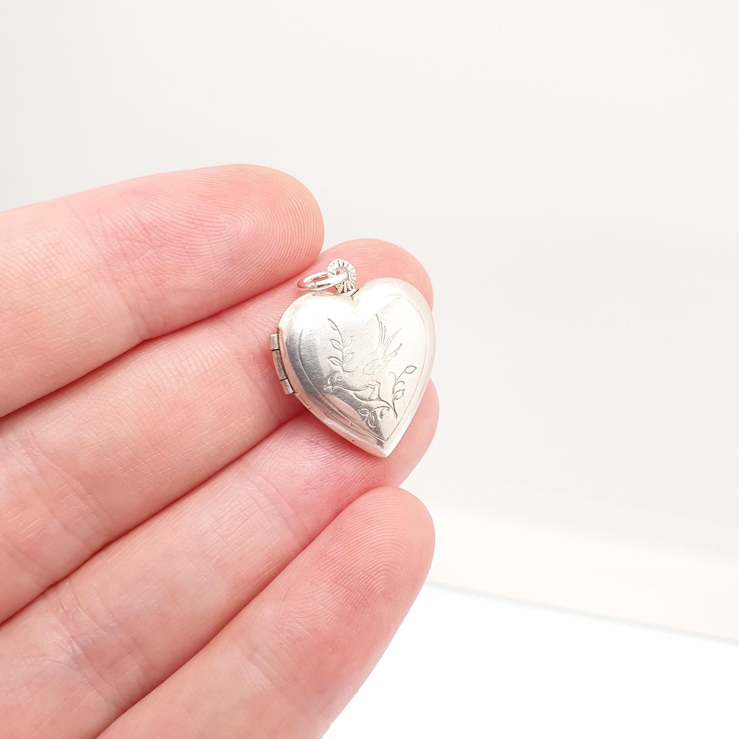 Antique Sterling Silver Bird Heart Locket Pendant Necklace Engraved Love Gift Cute Solid Vintage Picture Photo Womens Jewelry Jewellery