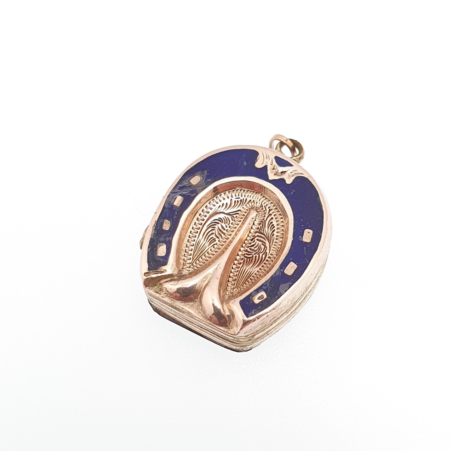 Antique 9ct 9k Gold Horseshoe Locket Sky Blue Enamel Victorian Necklace Pendant Solid Back & Front Horse Good Luck Womens Jewelry Jewellery