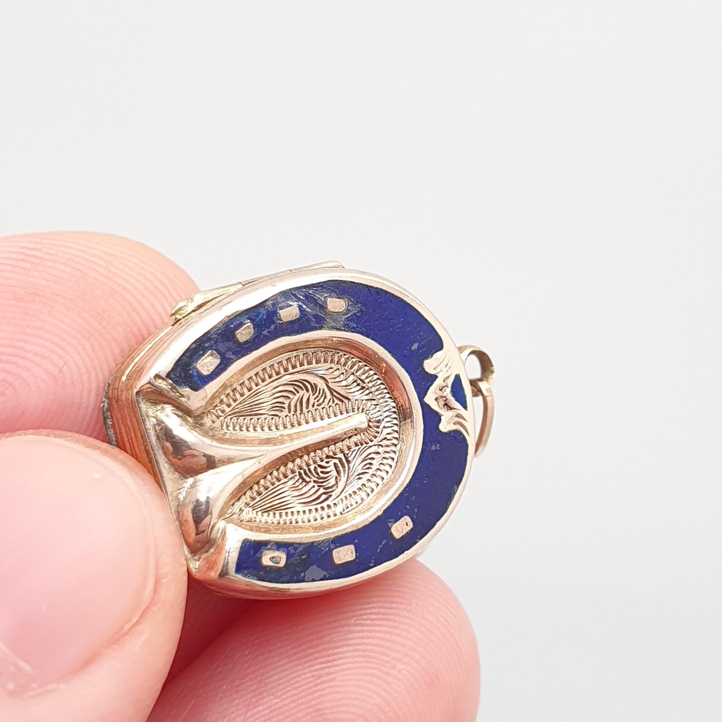 Antique 9ct 9k Gold Horseshoe Locket Sky Blue Enamel Victorian Necklace Pendant Solid Back & Front Horse Good Luck Womens Jewelry Jewellery
