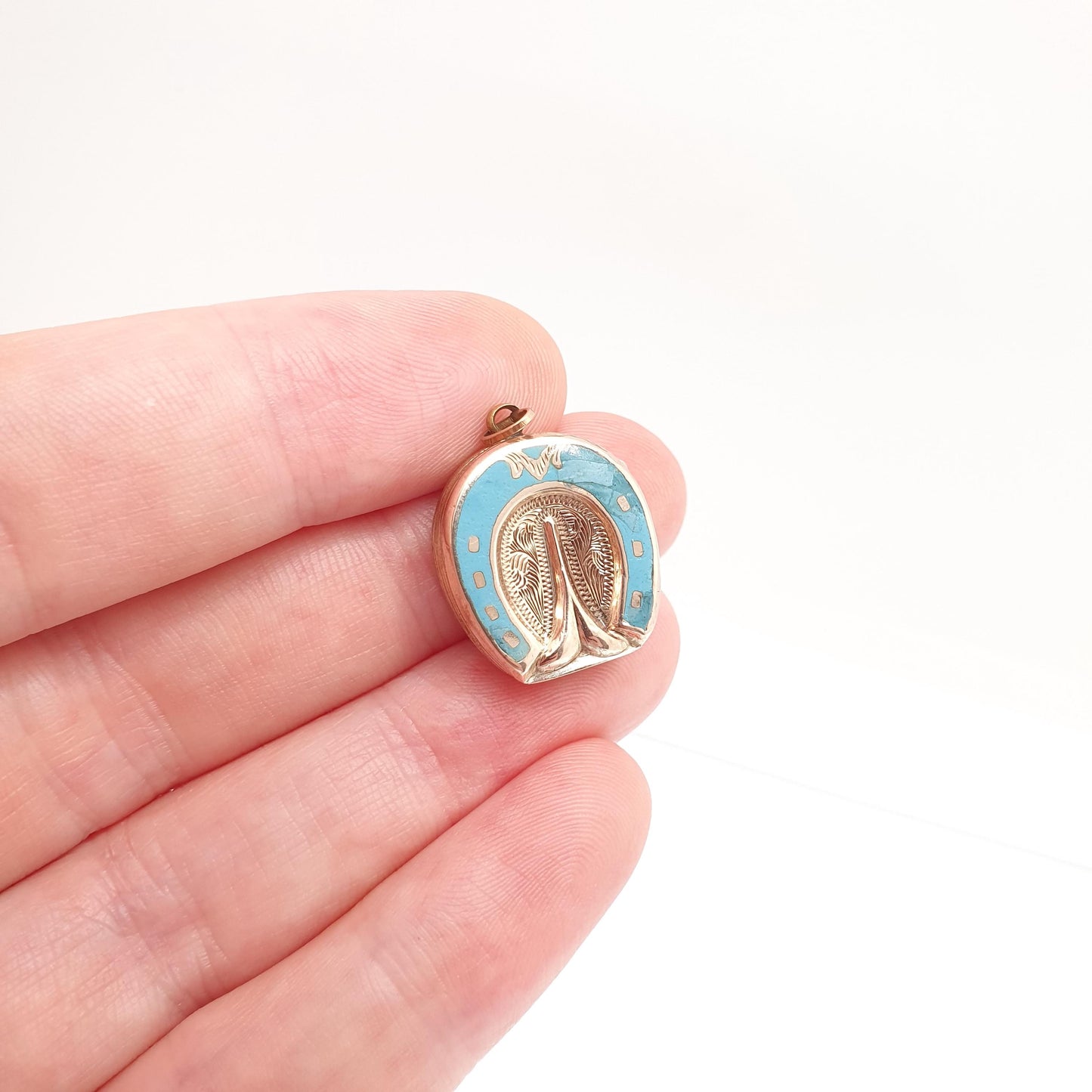 Antique 9ct 9k Gold Horseshoe Locket Sky Blue Enamel Victorian Necklace Pendant Solid Back & Front Horse Good Luck Womens Jewelry Jewellery