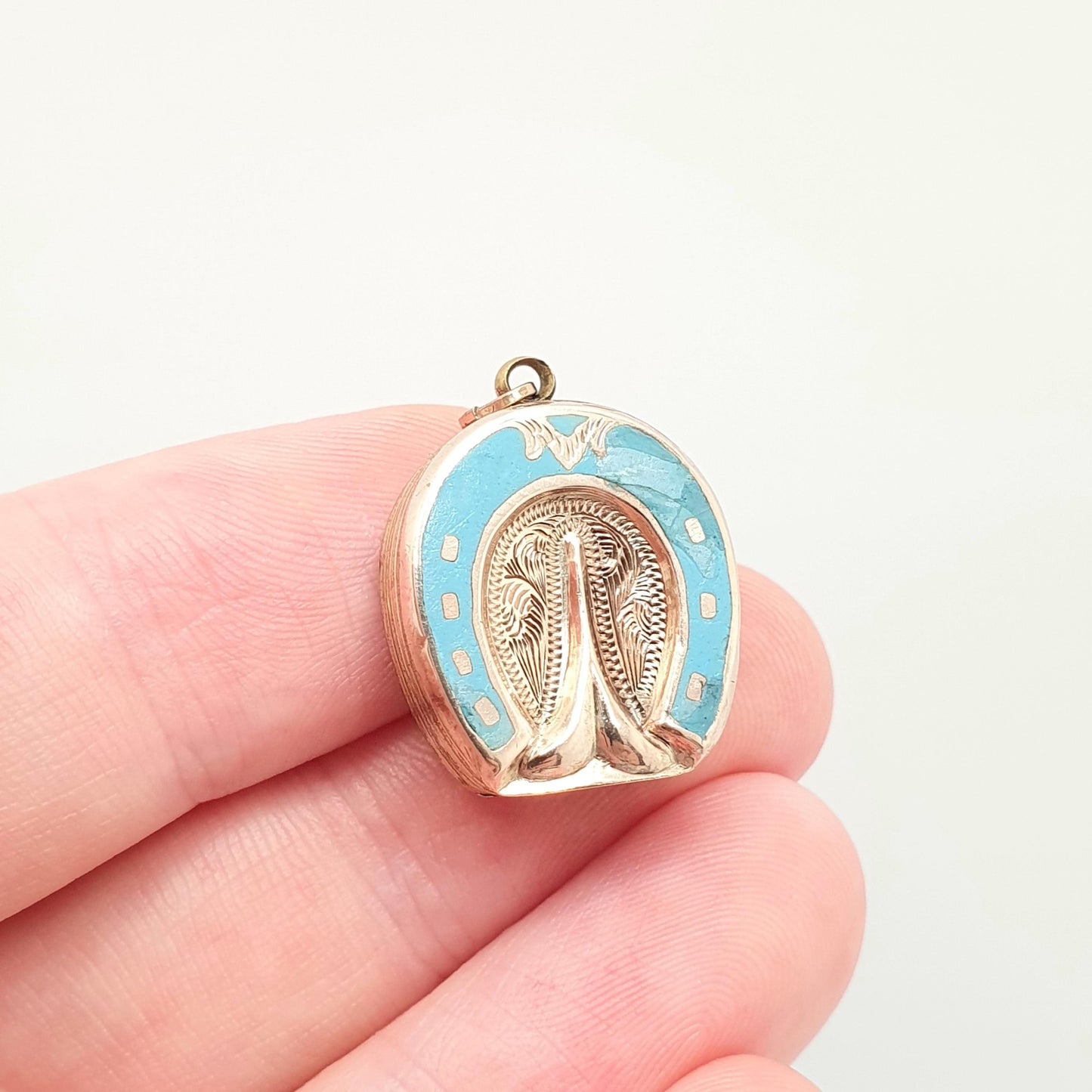 Antique 9ct 9k Gold Horseshoe Locket Sky Blue Enamel Victorian Necklace Pendant Solid Back & Front Horse Good Luck Womens Jewelry Jewellery
