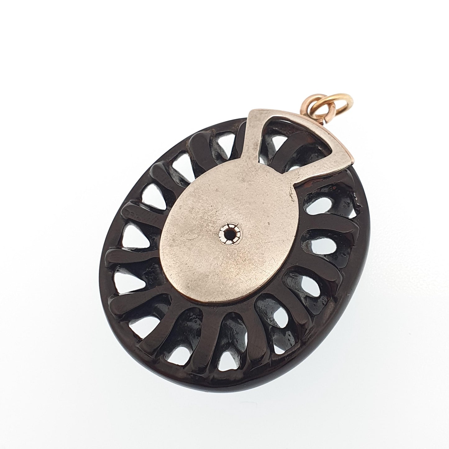 Antique Victorian Whitby Jet White Sapphire Necklace Pendant Genuine Gemstone Swirl Spiral Mourning 1800s Womens Vintage Jewelry Jewellery