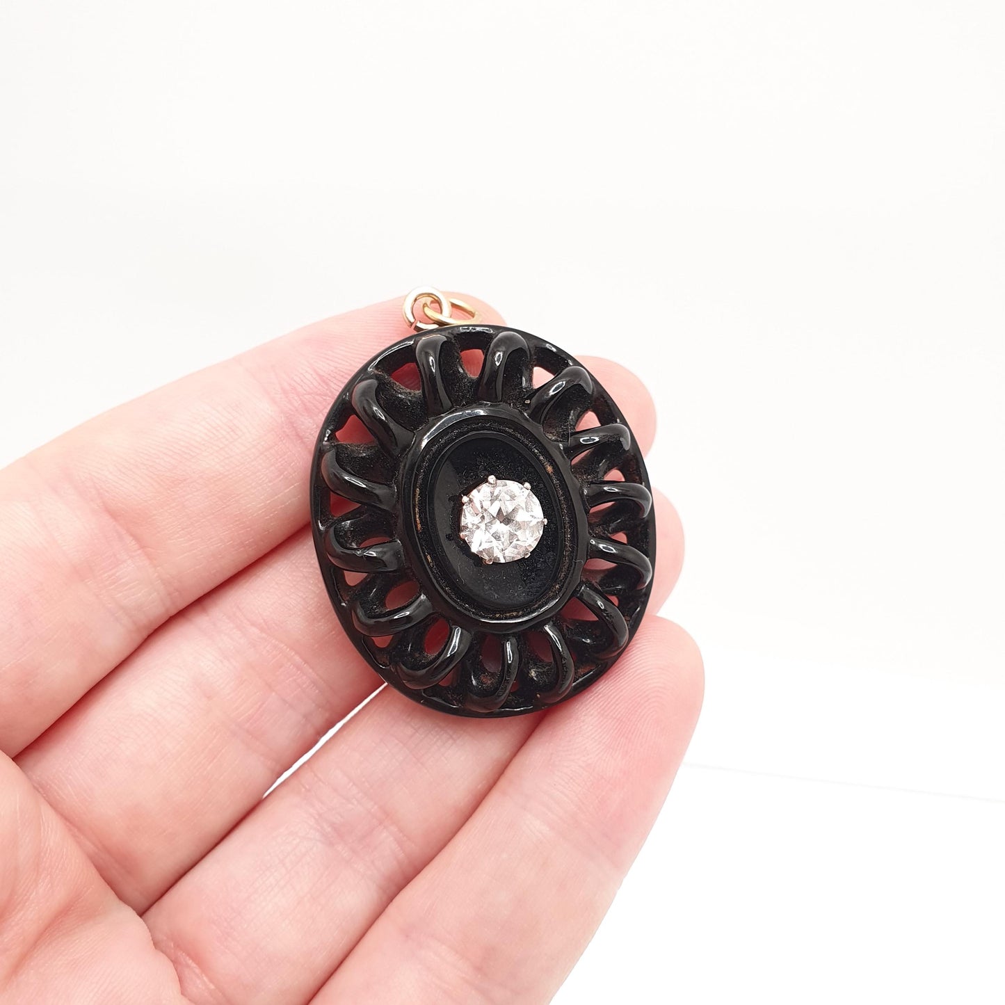 Antique Victorian Whitby Jet White Sapphire Necklace Pendant Genuine Gemstone Swirl Spiral Mourning 1800s Womens Vintage Jewelry Jewellery