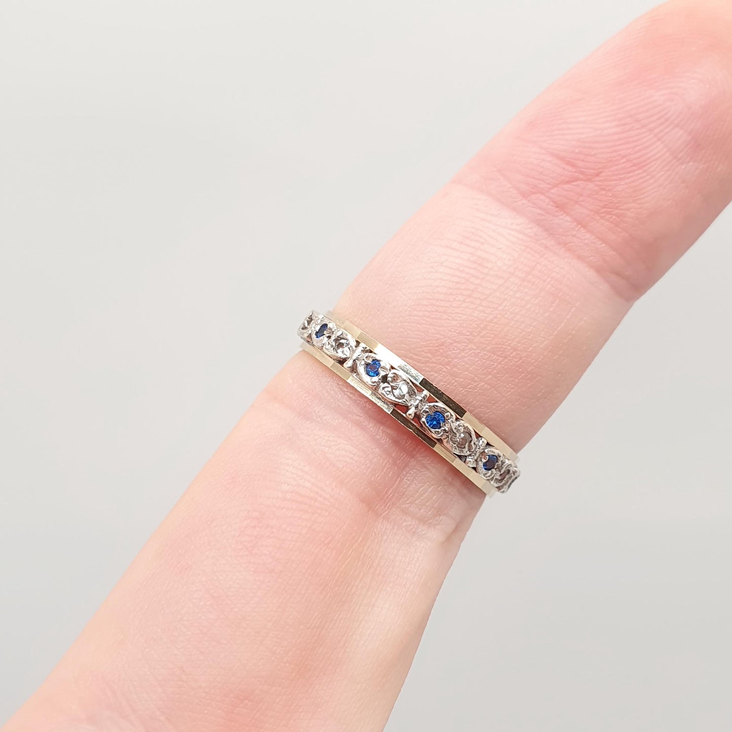 Vintage 9ct Gold Eternity Ring Blue White Spinel Heart Shape Full Real Genuine Gemstone Solid 9k 375 Hallmarked Womens Jewelry Jewellery