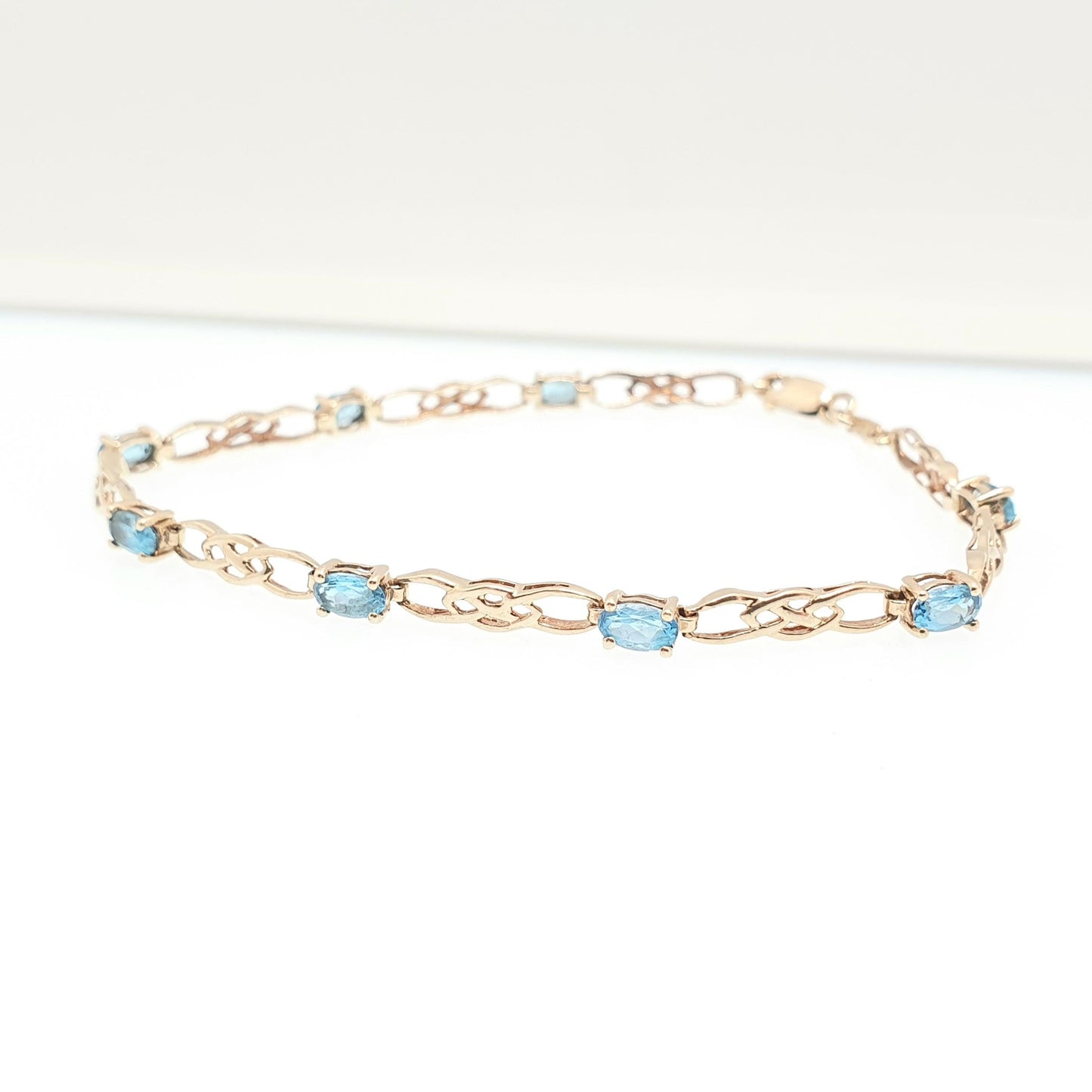 Vintage 9k 9ct Gold Aquamarine Topaz Bracelet Celtic Knot 18.5cm 7.25" 4.04g Hallmarked Solid Gemstone Swiss Blue Womens Jewellery Jewelry