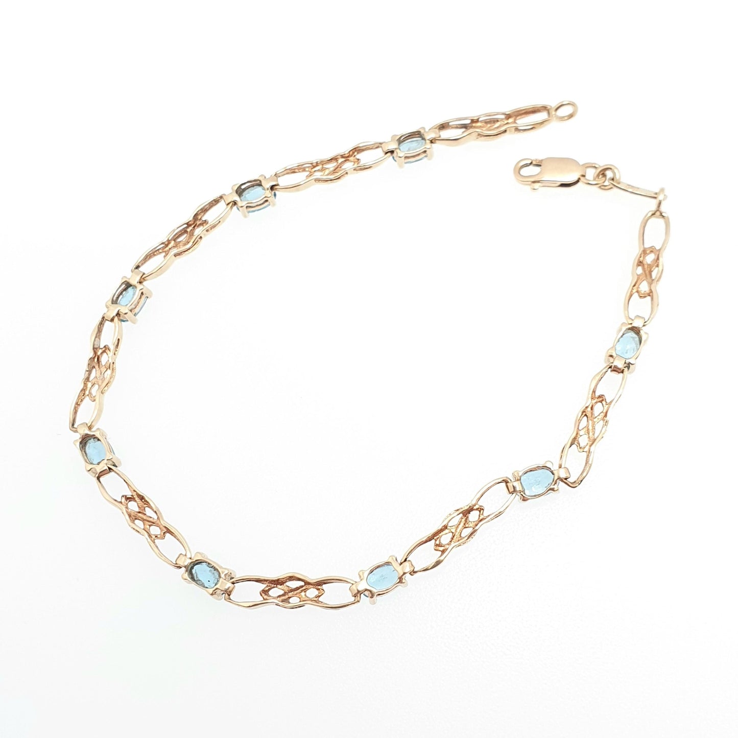 Vintage 9k 9ct Gold Aquamarine Topaz Bracelet Celtic Knot 18.5cm 7.25" 4.04g Hallmarked Solid Gemstone Swiss Blue Womens Jewellery Jewelry