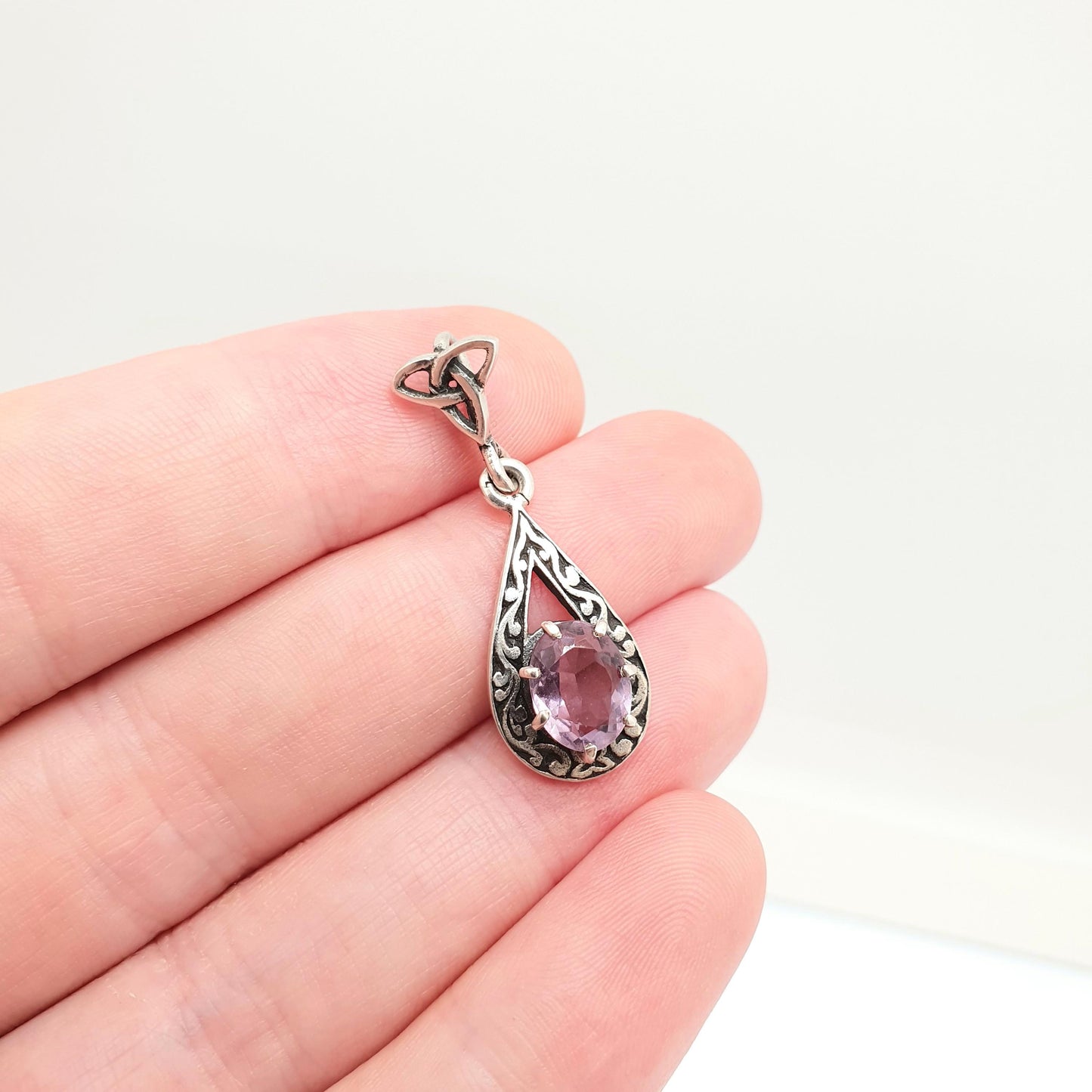 Vintage JOHN HART Sterling Silver Amethyst Necklace Pendant Celtic Knot Iona Scottish Genuine Gaelic Solid 925 Womens Jewelry Jewellery
