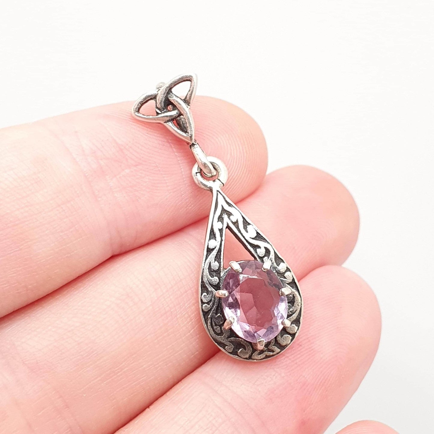 Vintage JOHN HART Sterling Silver Amethyst Necklace Pendant Celtic Knot Iona Scottish Genuine Gaelic Solid 925 Womens Jewelry Jewellery