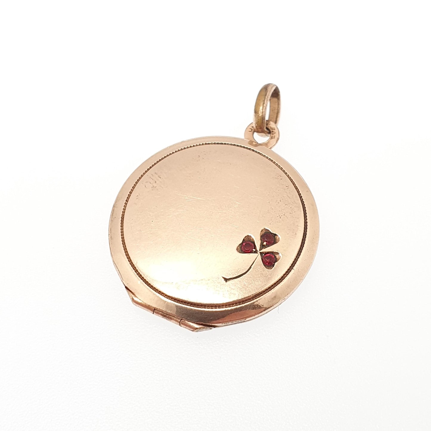 Antique Rolled Rose Gold Locket Clover Ruby Paste Necklace Pendant Lucky Good Luck Filled Gift Edwardian Round Vintage Jewellery Jewelry