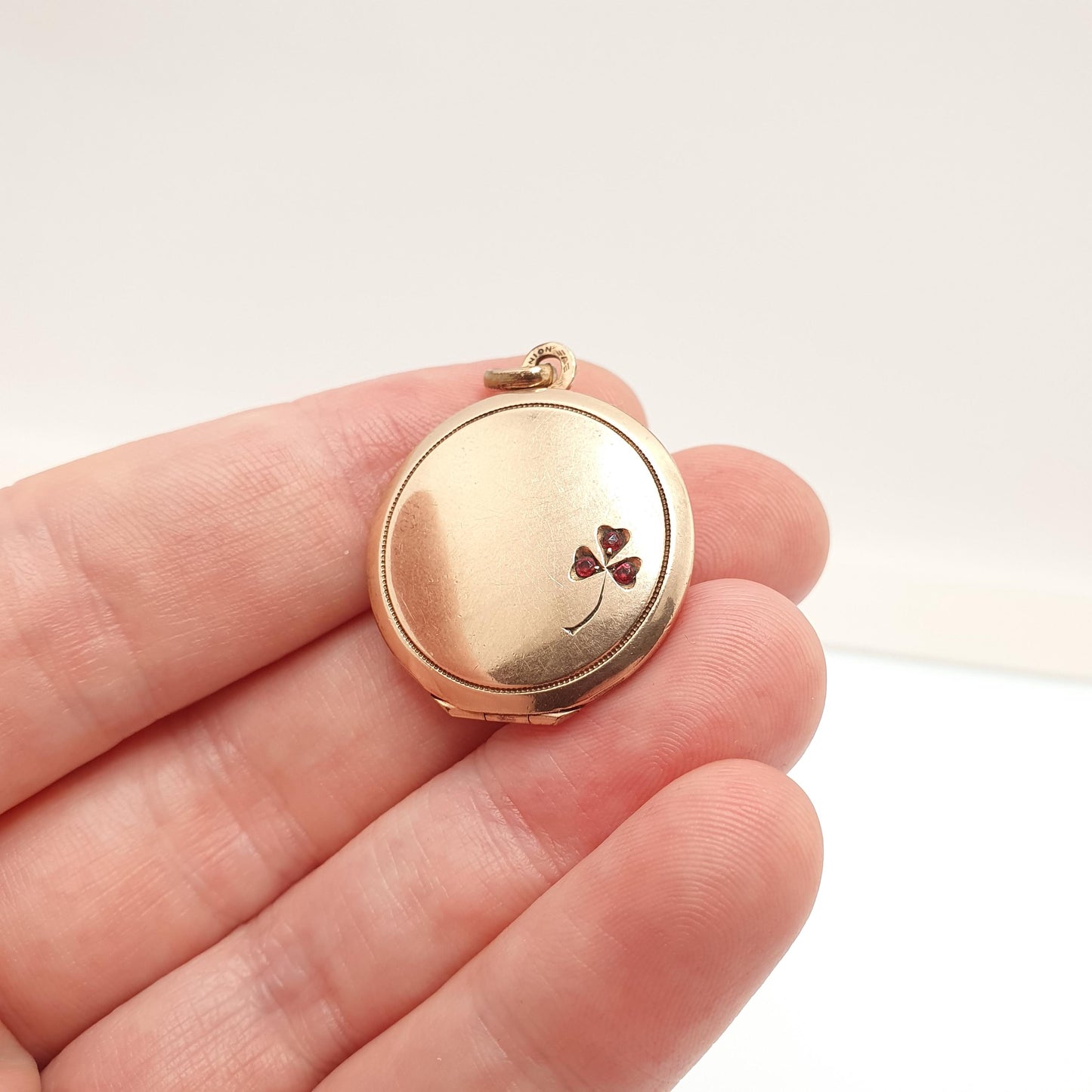 Antique Rolled Rose Gold Locket Clover Ruby Paste Necklace Pendant Lucky Good Luck Filled Gift Edwardian Round Vintage Jewellery Jewelry