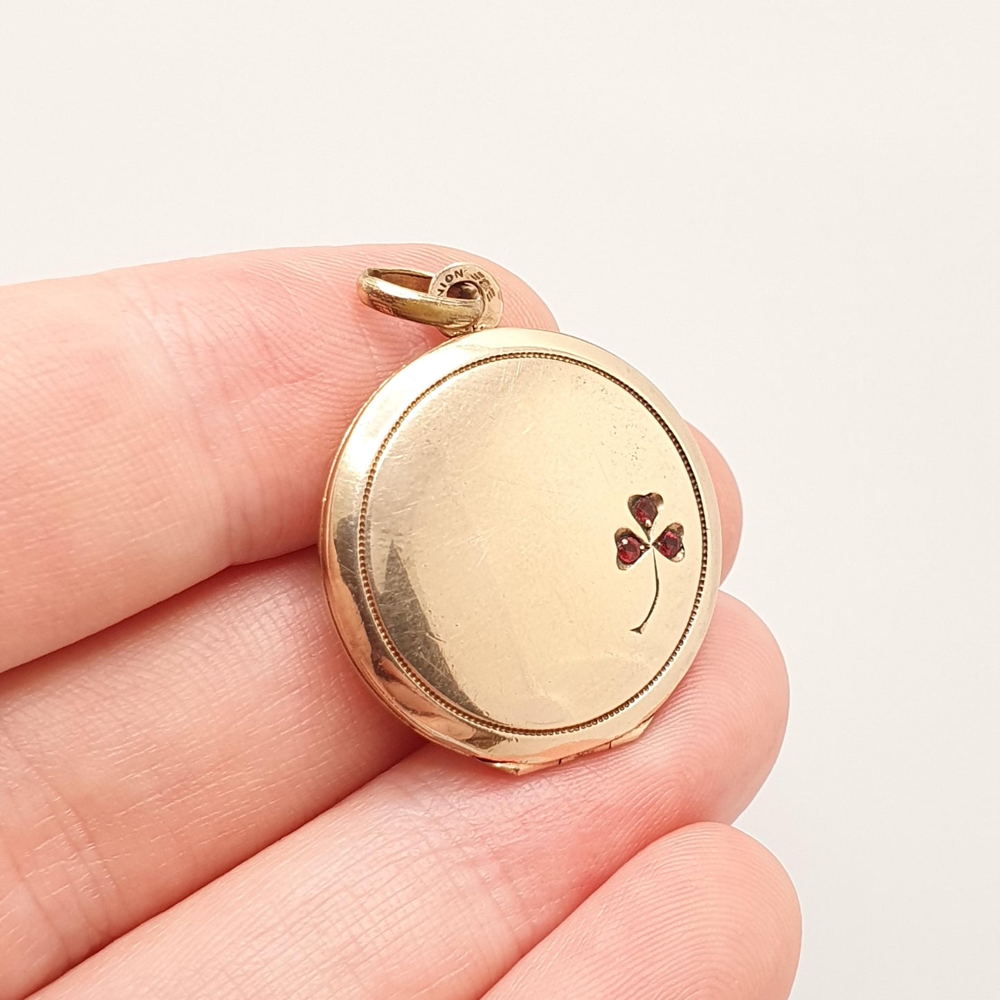 Antique Rolled Rose Gold Locket Clover Ruby Paste Necklace Pendant Lucky Good Luck Filled Gift Edwardian Round Vintage Jewellery Jewelry