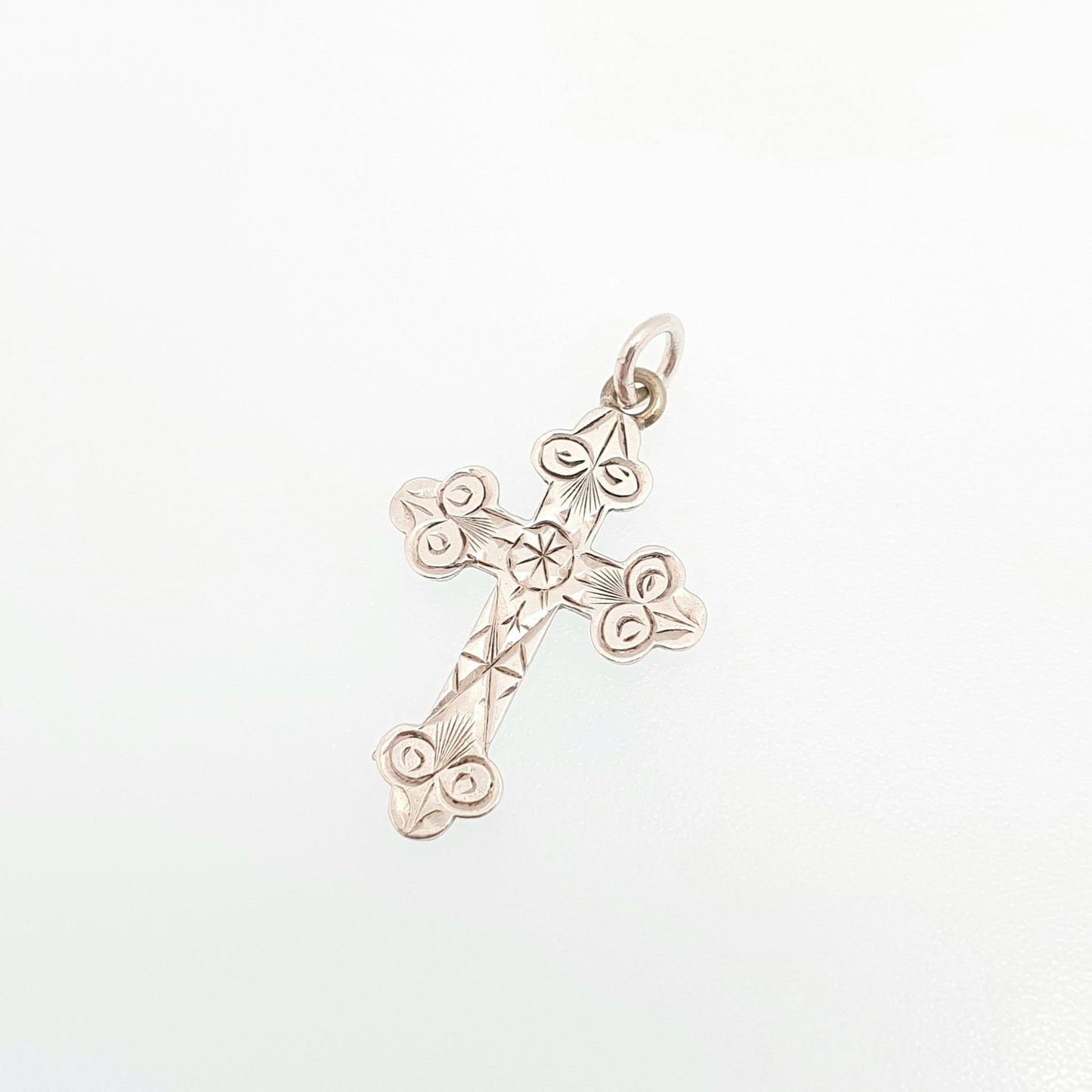 Antique Victorian Sterling Silver Crucifix Necklace Pendant Small Engraved Tiny Cross Charm Christian Jewelry Vintage Womens Jewellery