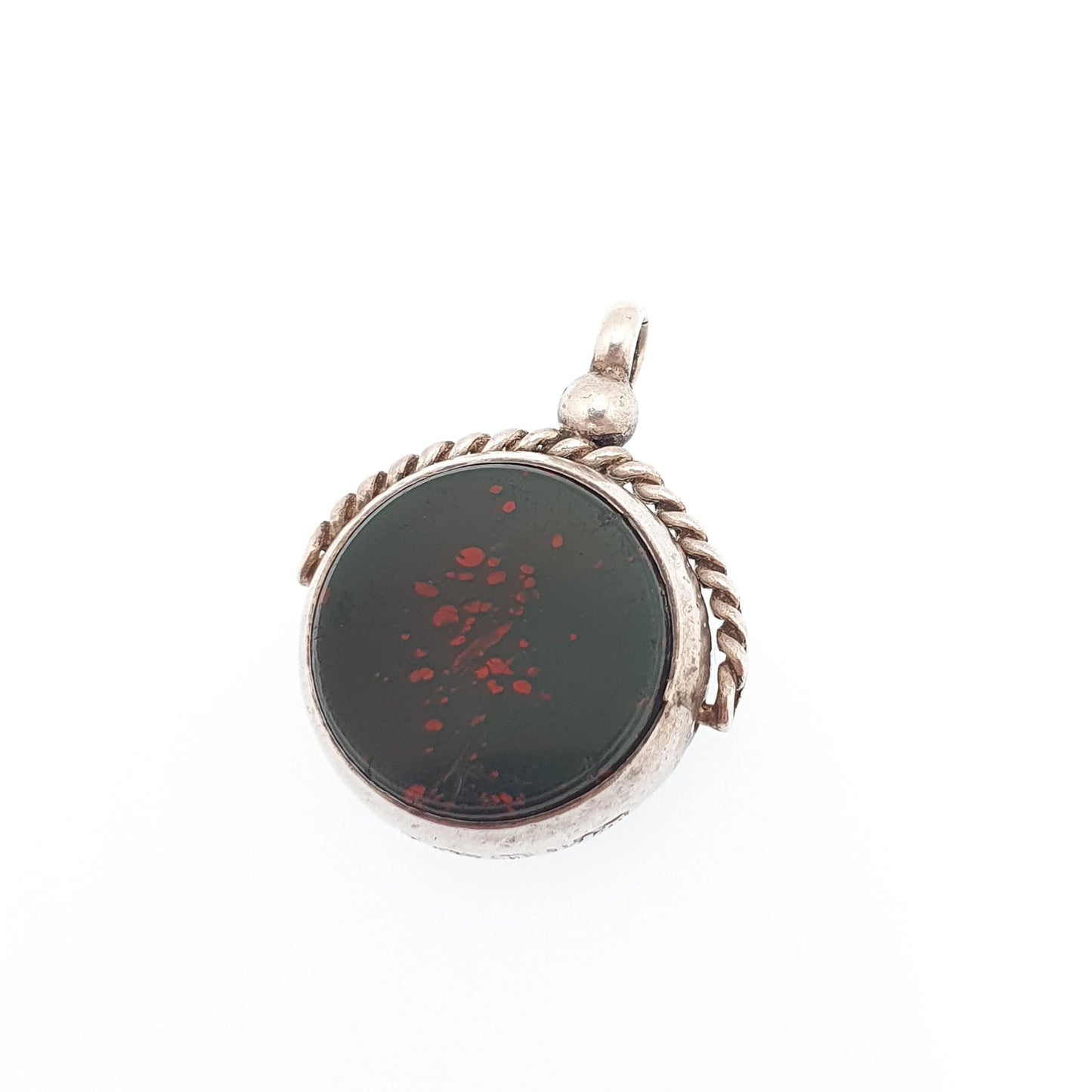 Antique Sterling Silver Spinner Fob Necklace Pendant 1912 Hallmark Faux Bloodstone & Faux Carnelian Curb Link Vintage Jewelry Jewellery