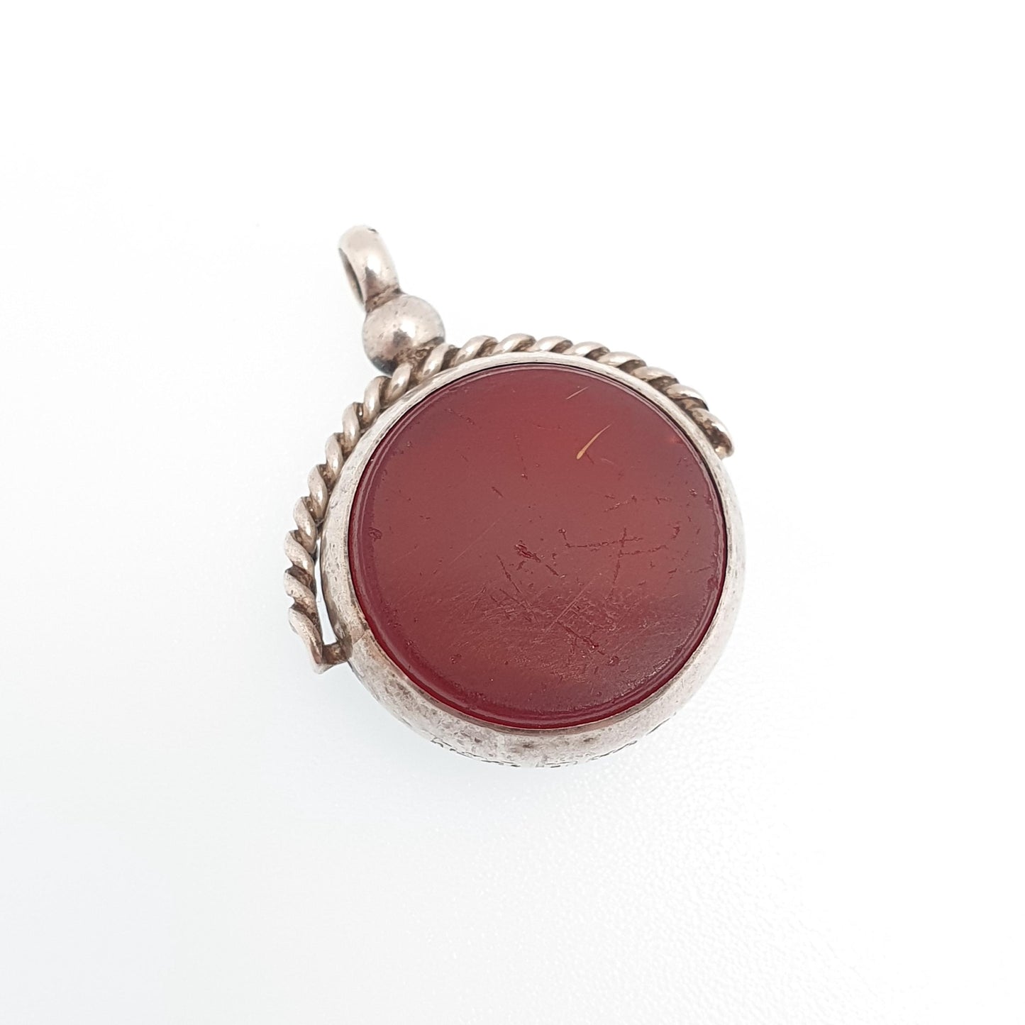 Antique Sterling Silver Spinner Fob Necklace Pendant 1912 Hallmark Faux Bloodstone & Faux Carnelian Curb Link Vintage Jewelry Jewellery