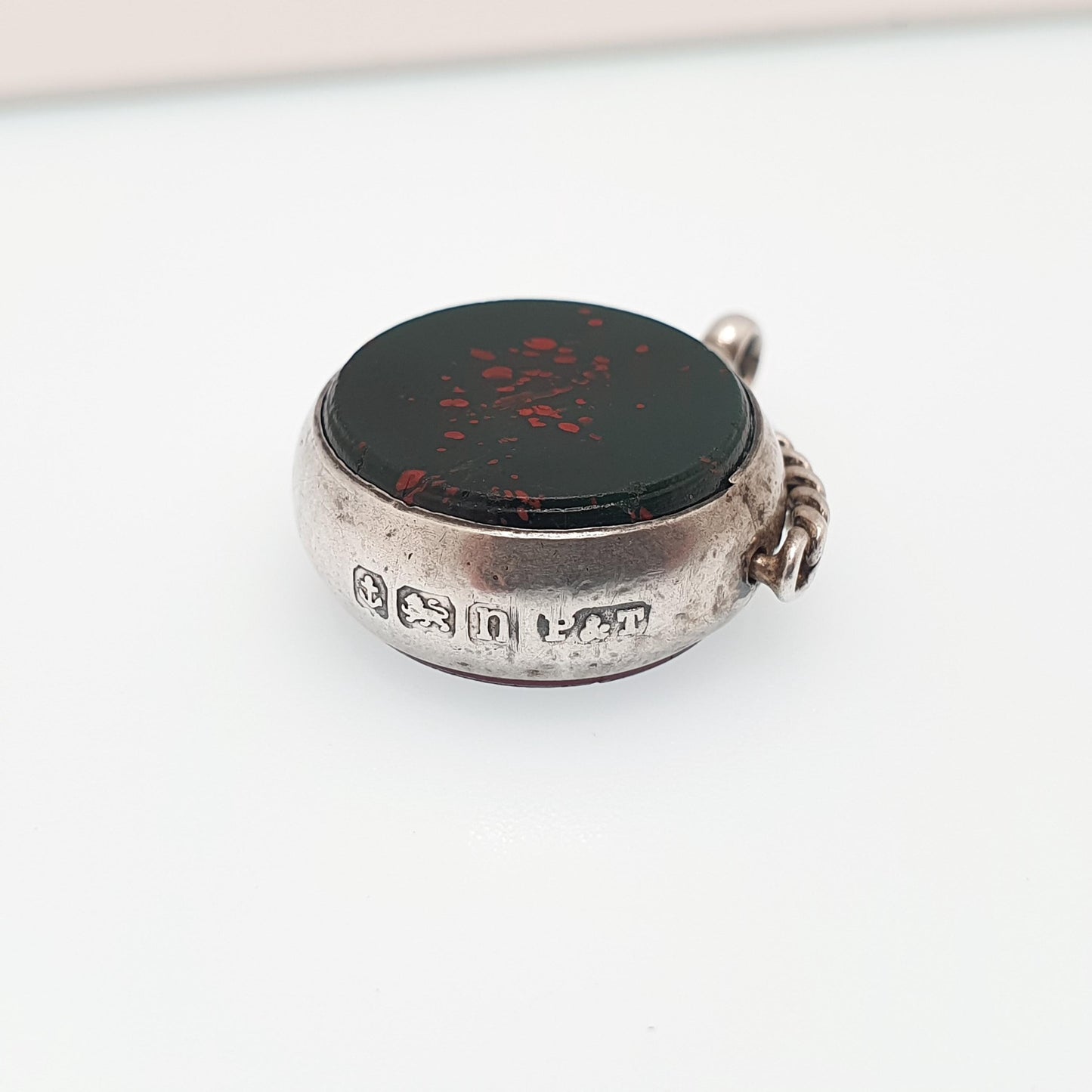Antique Sterling Silver Spinner Fob Necklace Pendant 1912 Hallmark Faux Bloodstone & Faux Carnelian Curb Link Vintage Jewelry Jewellery