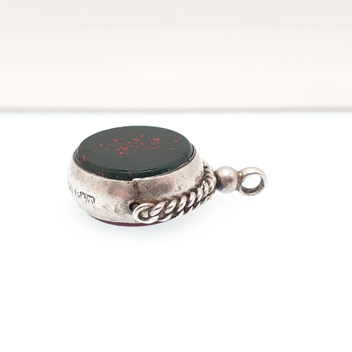 Antique Sterling Silver Spinner Fob Necklace Pendant 1912 Hallmark Faux Bloodstone & Faux Carnelian Curb Link Vintage Jewelry Jewellery
