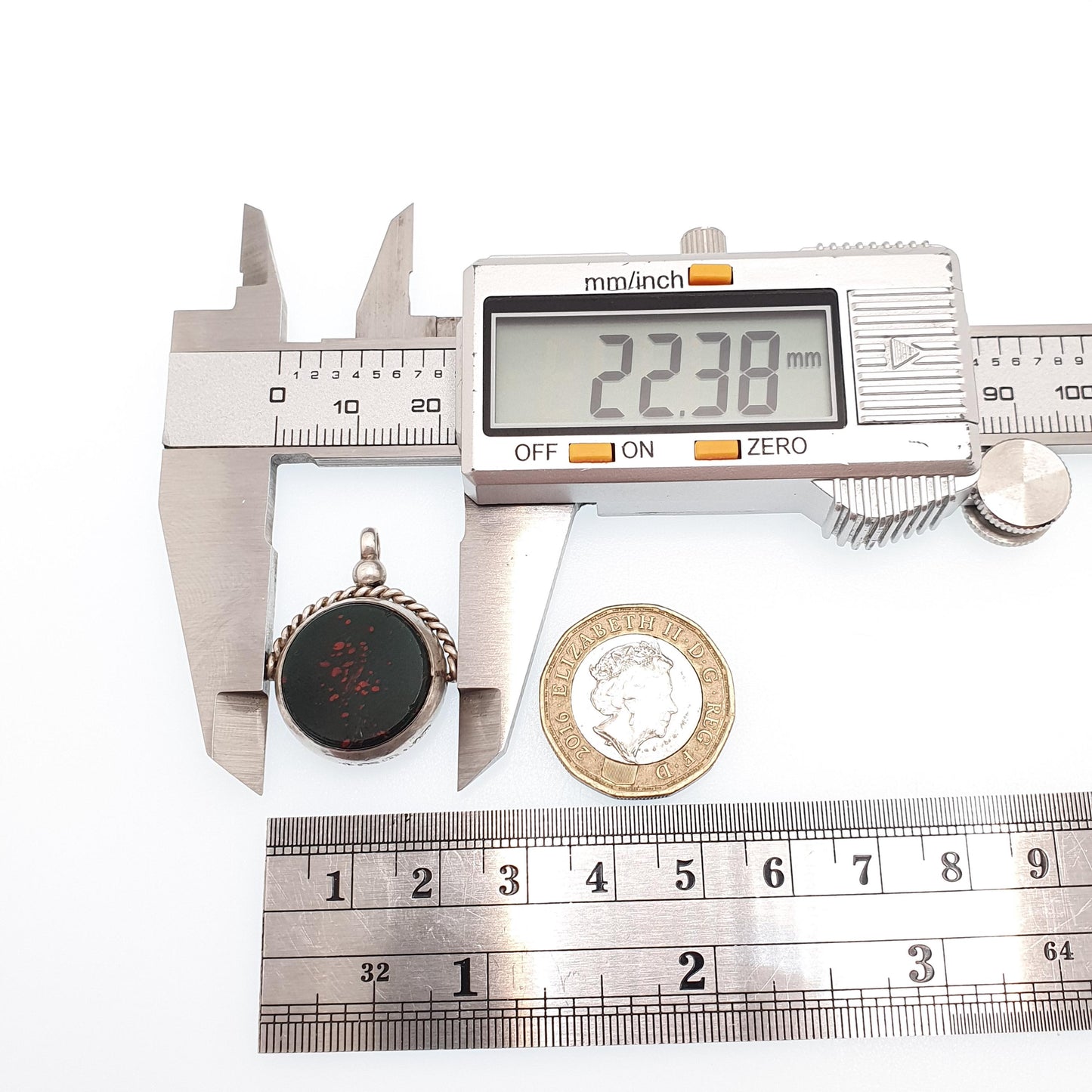 Antique Sterling Silver Spinner Fob Necklace Pendant 1912 Hallmark Faux Bloodstone & Faux Carnelian Curb Link Vintage Jewelry Jewellery