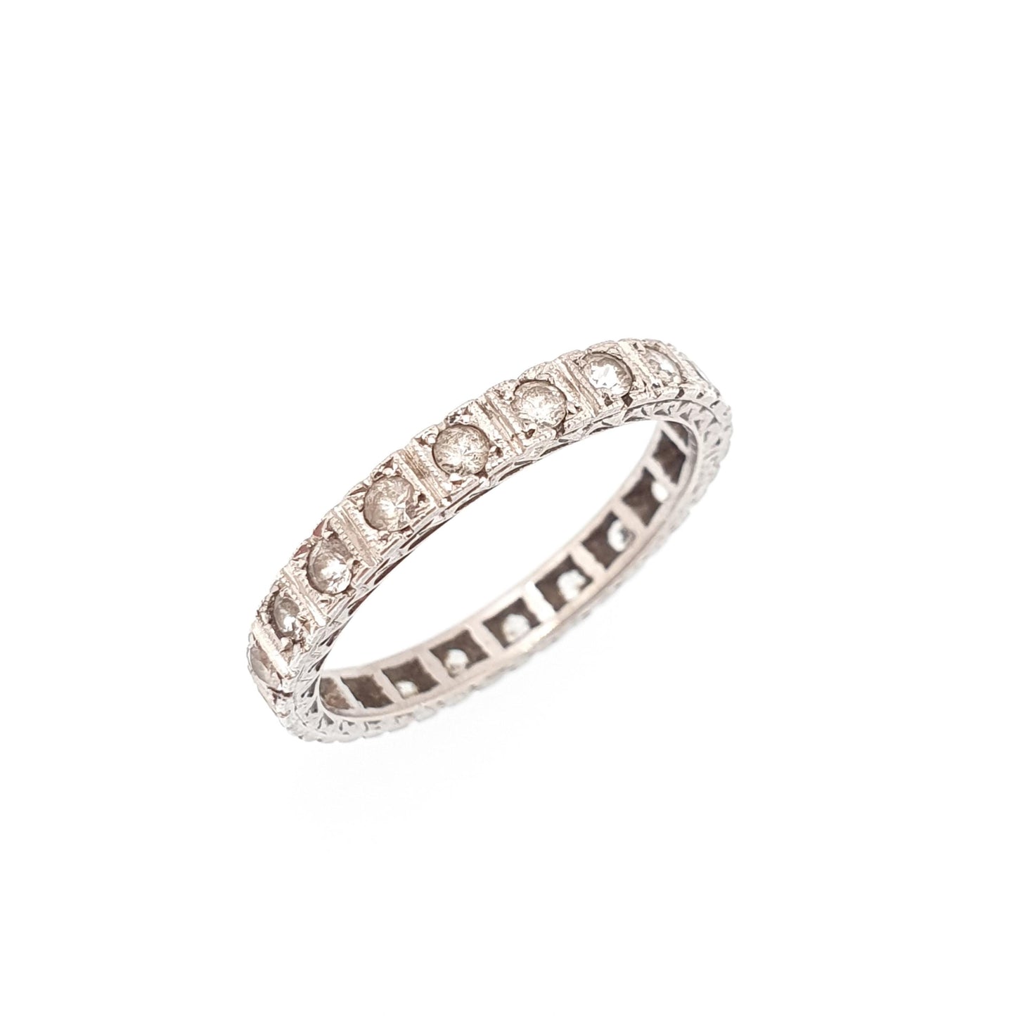 Antique Solid Silver Eternity Ring White Spinel Gemstones 1920s Full Round Cut Art Deco Engraved Vintage Ladies Womens Jewelry Jewellery