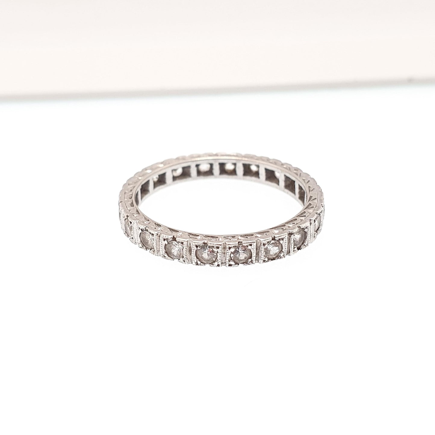 Antique Solid Silver Eternity Ring White Spinel Gemstones 1920s Full Round Cut Art Deco Engraved Vintage Ladies Womens Jewelry Jewellery