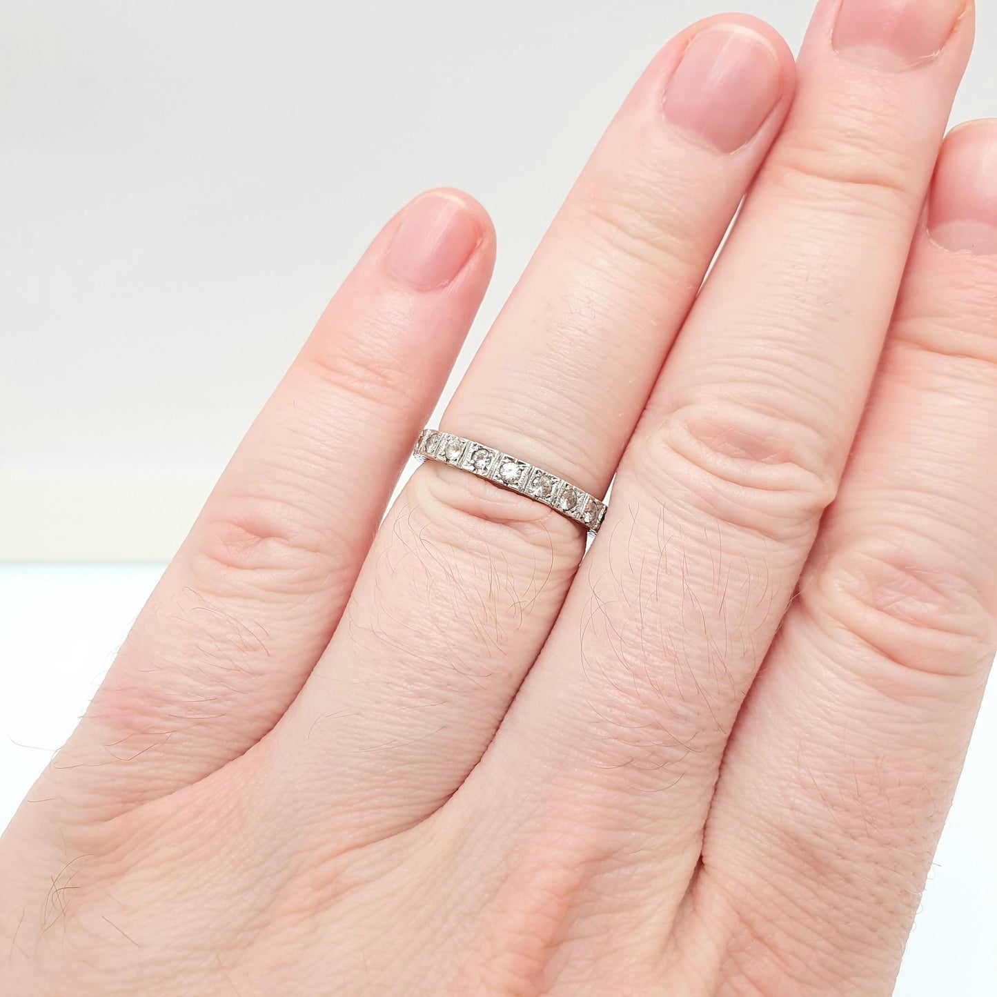 Antique Solid Silver Eternity Ring White Spinel Gemstones 1920s Full Round Cut Art Deco Engraved Vintage Ladies Womens Jewelry Jewellery