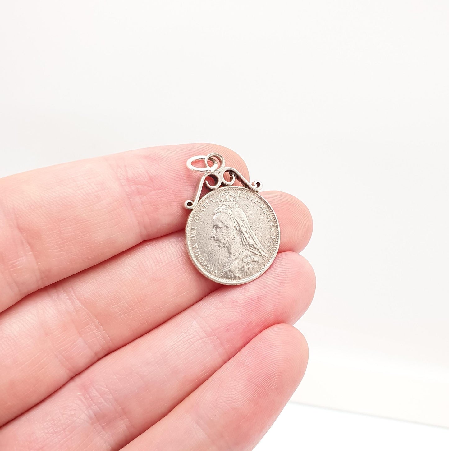 Antique Victorian Six Pence Silver Coin Necklace Pendant 1887 Queen Victoria Bracelet Charm Unisex Mens Womens Ladies Royalty Great Britain