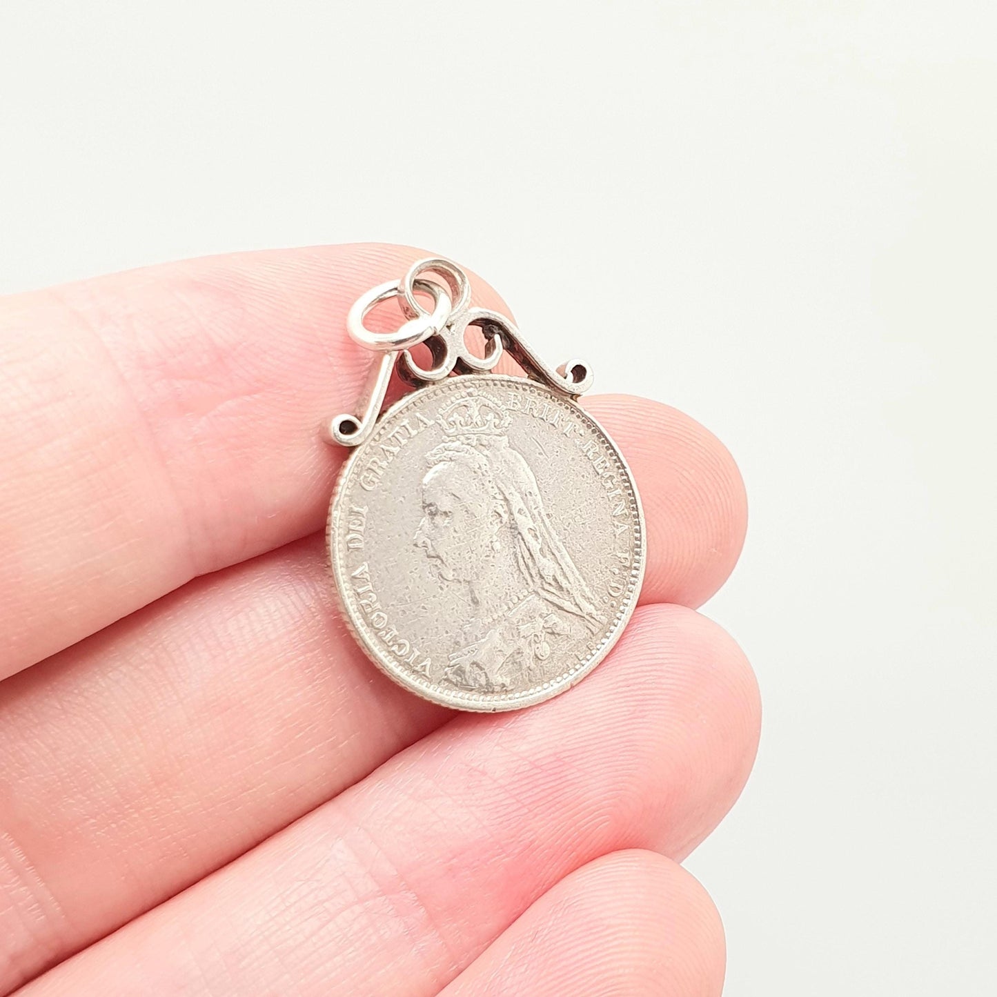 Antique Victorian Six Pence Silver Coin Necklace Pendant 1887 Queen Victoria Bracelet Charm Unisex Mens Womens Ladies Royalty Great Britain