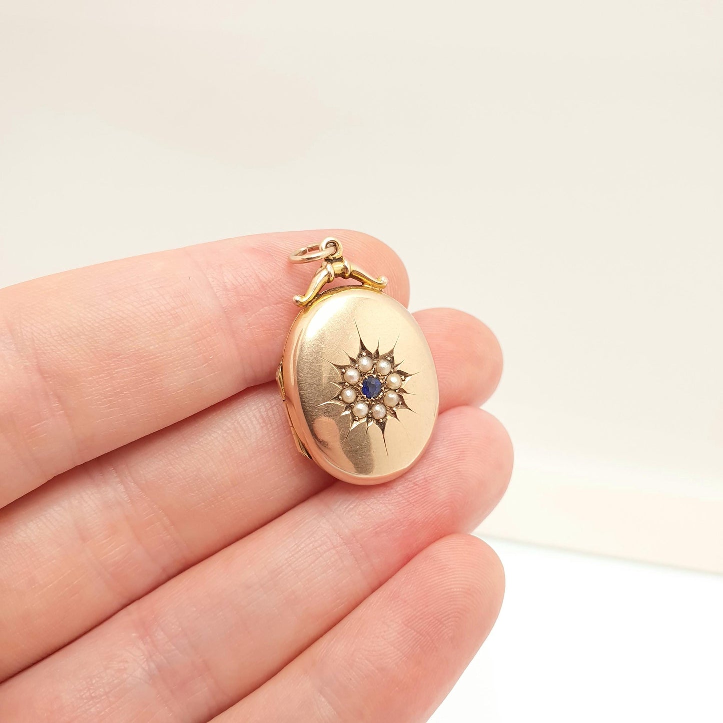 Antique 9ct Rose Gold Seed Pearl Locket Sapphire Paste Pendant Necklace Star Solid 9k 375 1910 Hallmark Vintage Womens Jewellery Jewelry