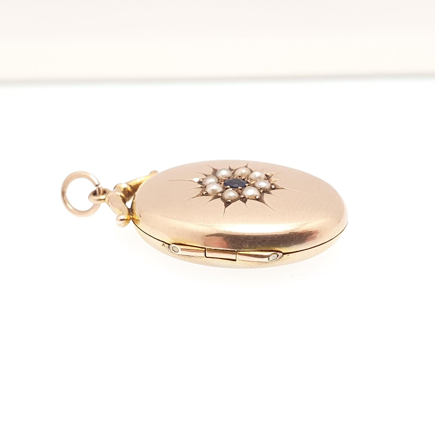 Antique 9ct Rose Gold Seed Pearl Locket Sapphire Paste Pendant Necklace Star Solid 9k 375 1910 Hallmark Vintage Womens Jewellery Jewelry