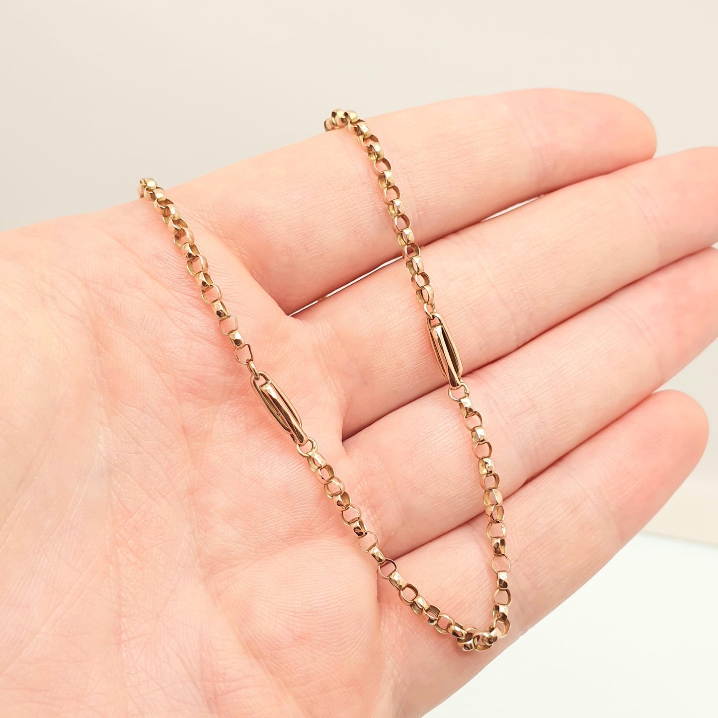 Antique 9ct 9k Rose Gold Chain Necklace Victorian Belcher Staple Link Solid 375 45cm 17.7" 4.19g Rolo Fine Genuine Vintage Womens Jewelry