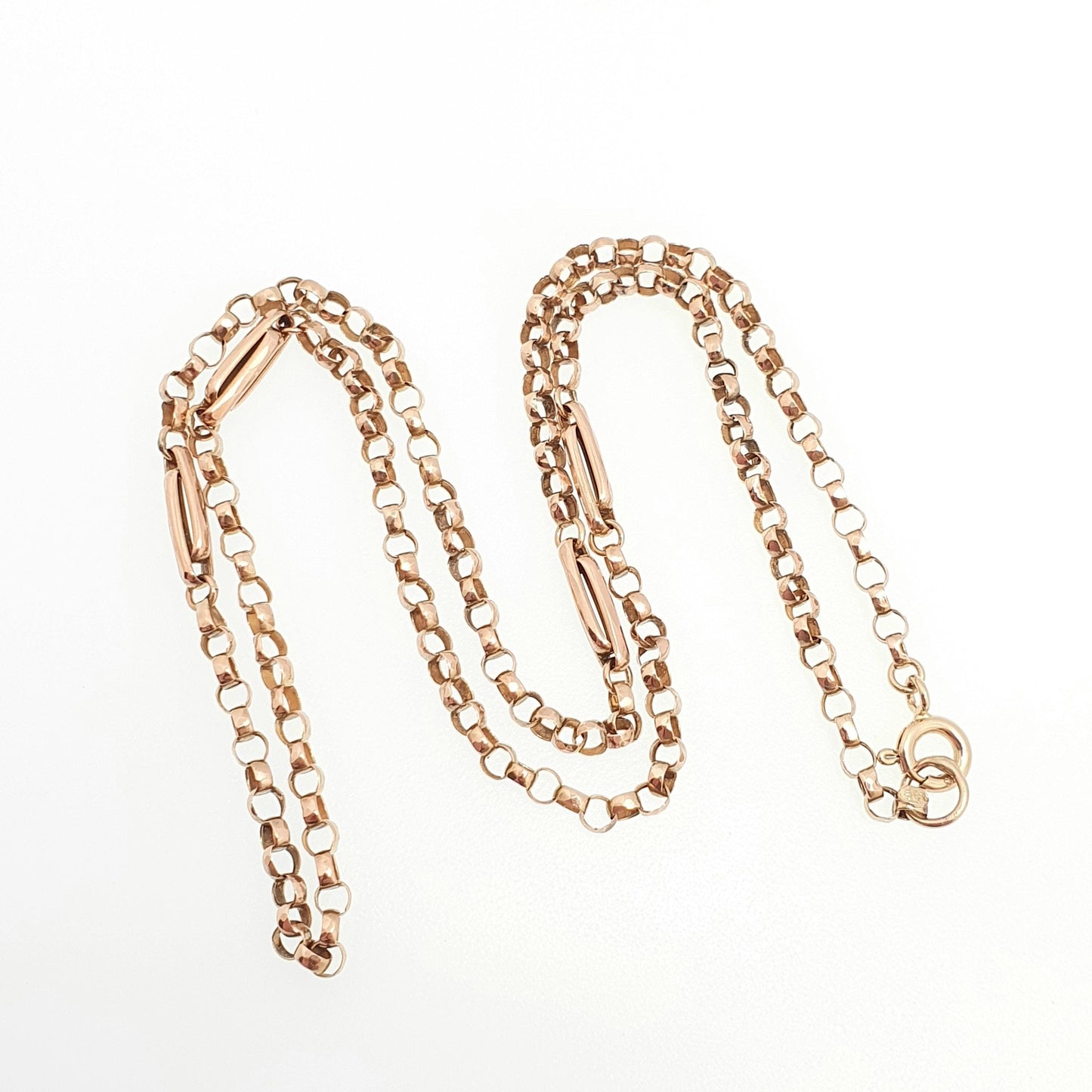 Antique 9ct 9k Rose Gold Chain Necklace Victorian Belcher Staple Link Solid 375 45cm 17.7" 4.19g Rolo Fine Genuine Vintage Womens Jewelry