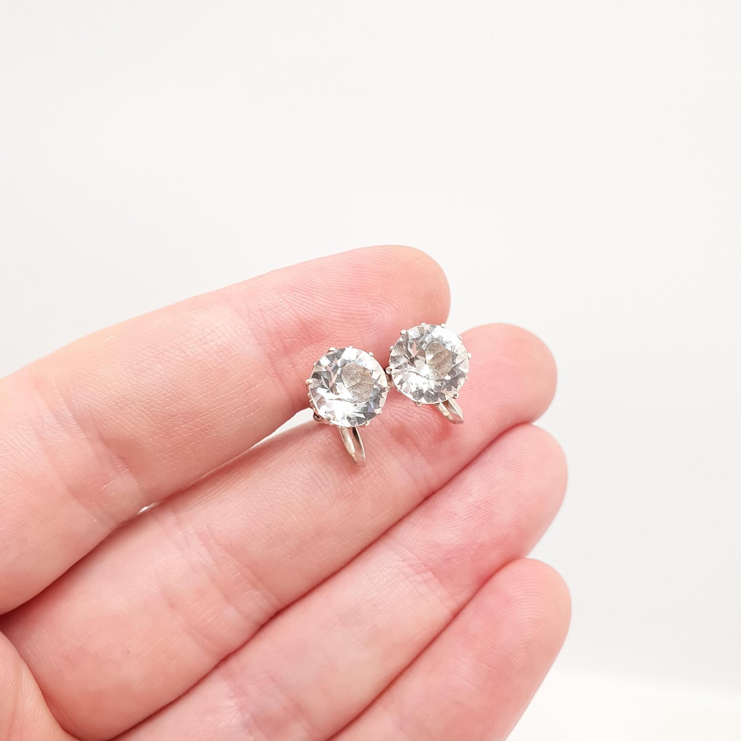 Antique Solid Silver Diamond Paste Earrings Art Deco Solitaire Large Big Round Cut Screw Back Sparkly White Vintage Jewelry Jewellery